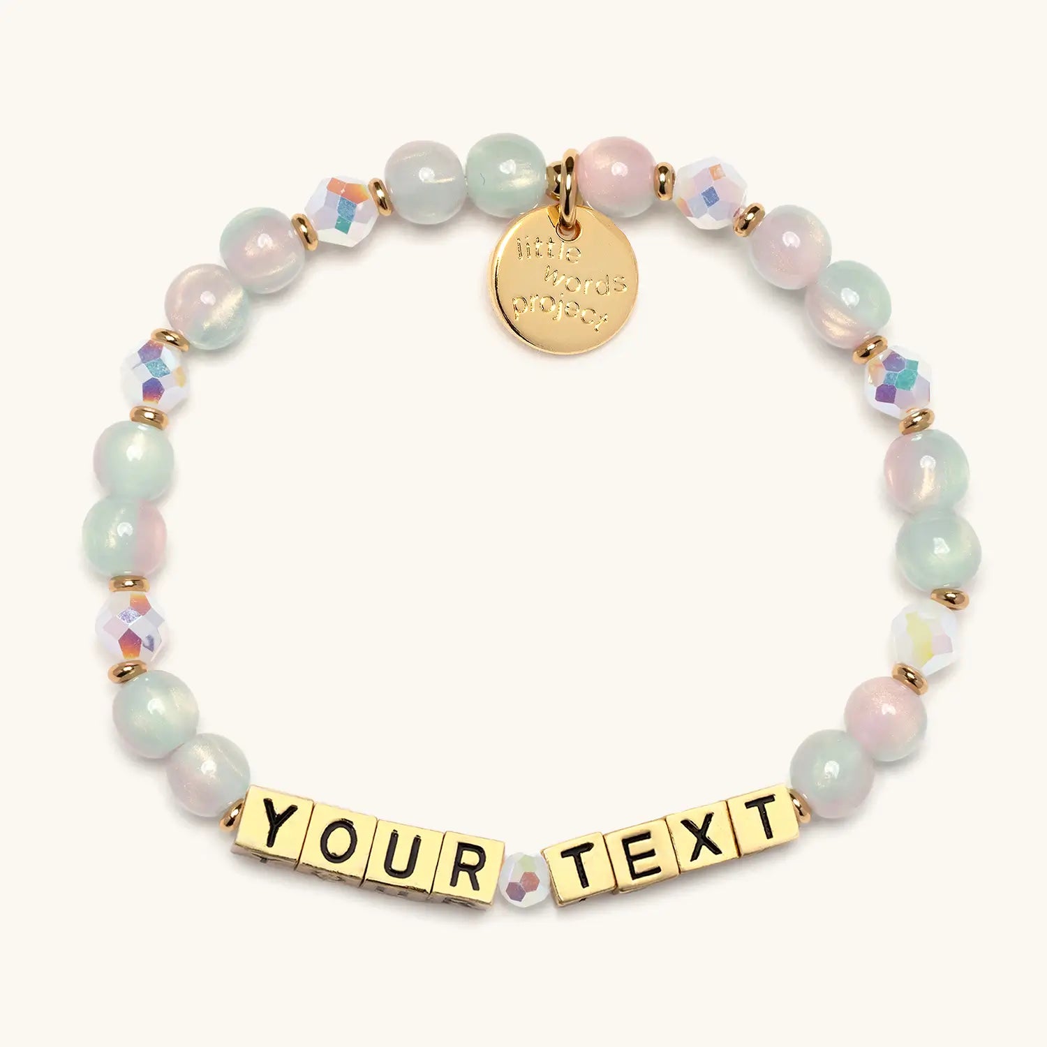 Personalized beaded bracelet with gold text on a white background