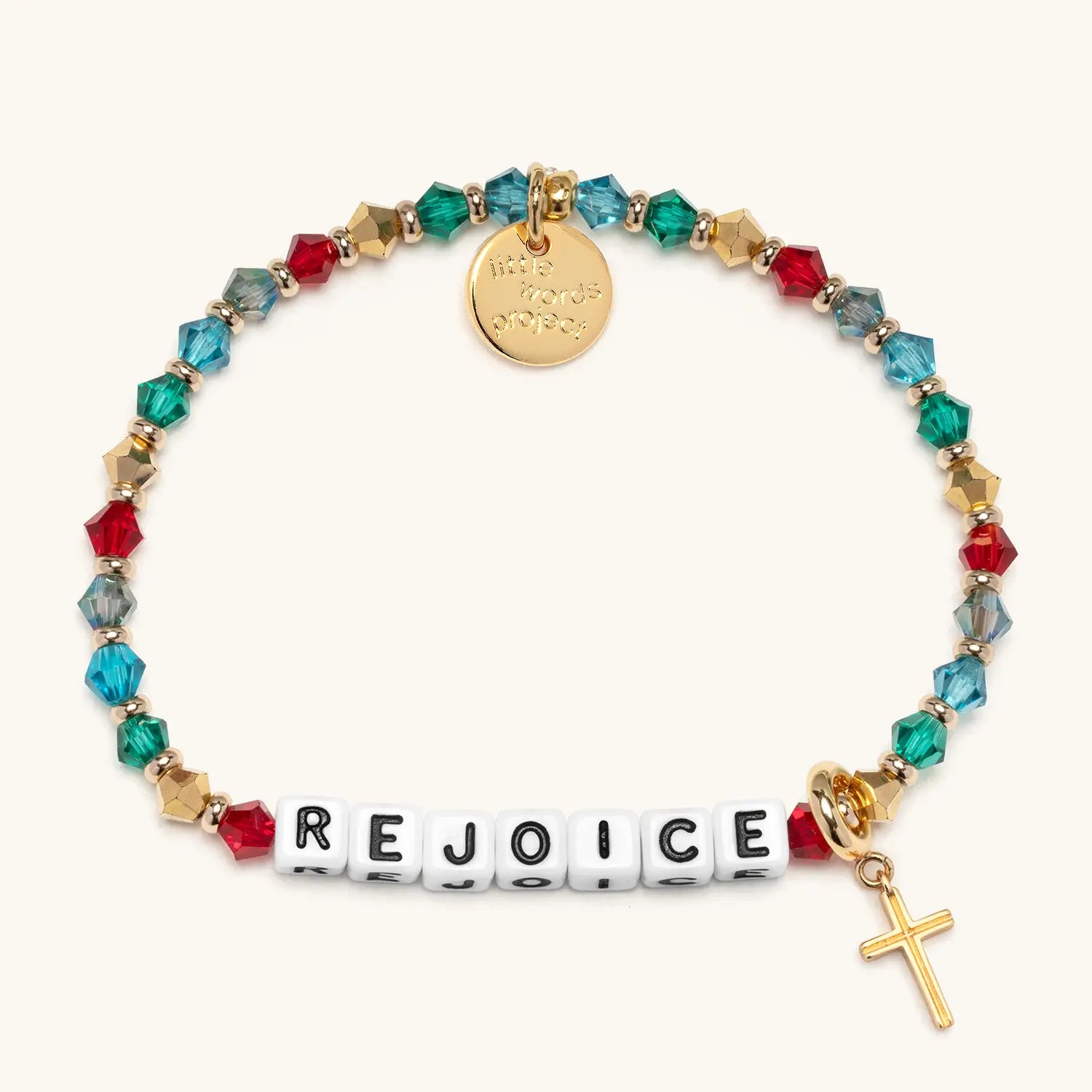 Colorful beaded bracelet with 'REJOICE' and gold cross on a white background