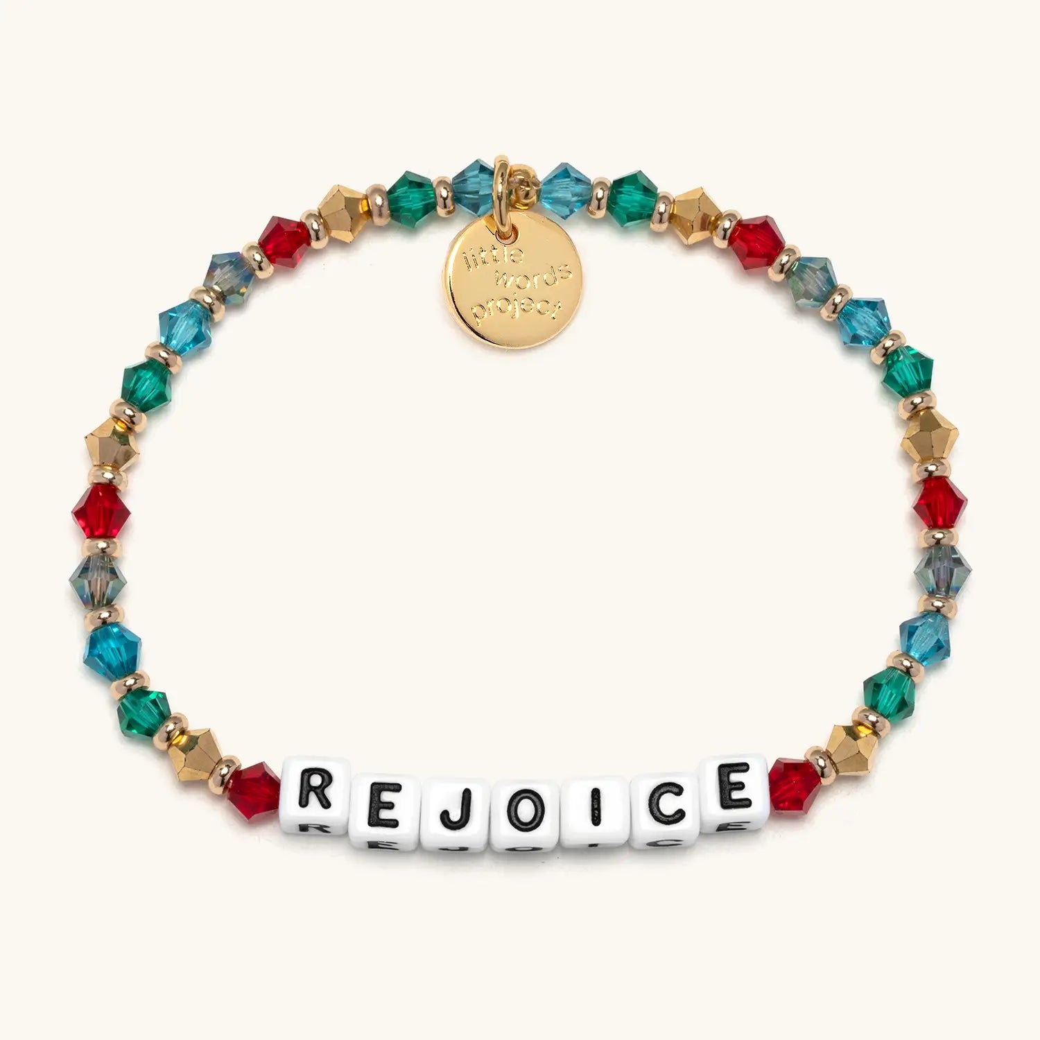 Colorful beaded bracelet with 'REJOICE' on a white background