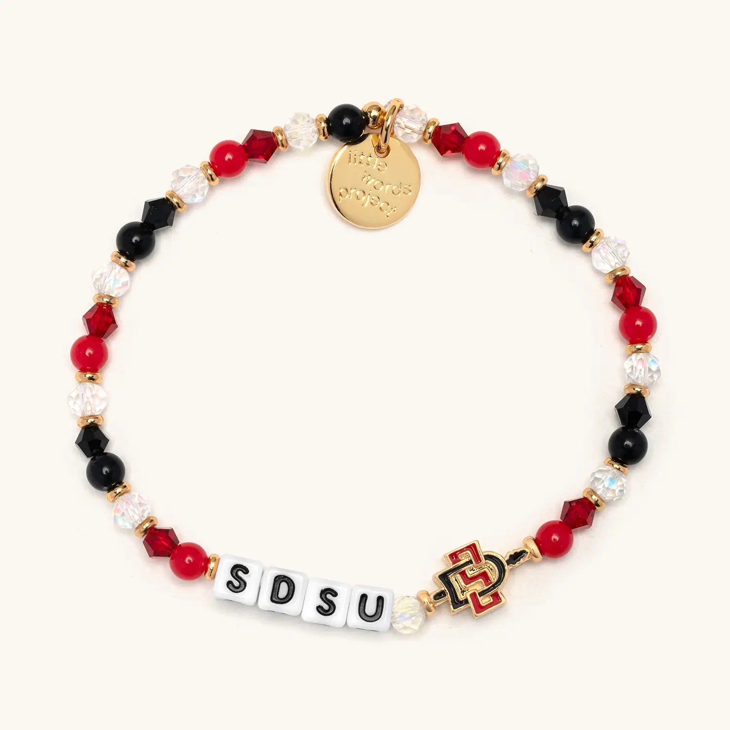 Bracelet with beads and 'SDSU' charms on a white background