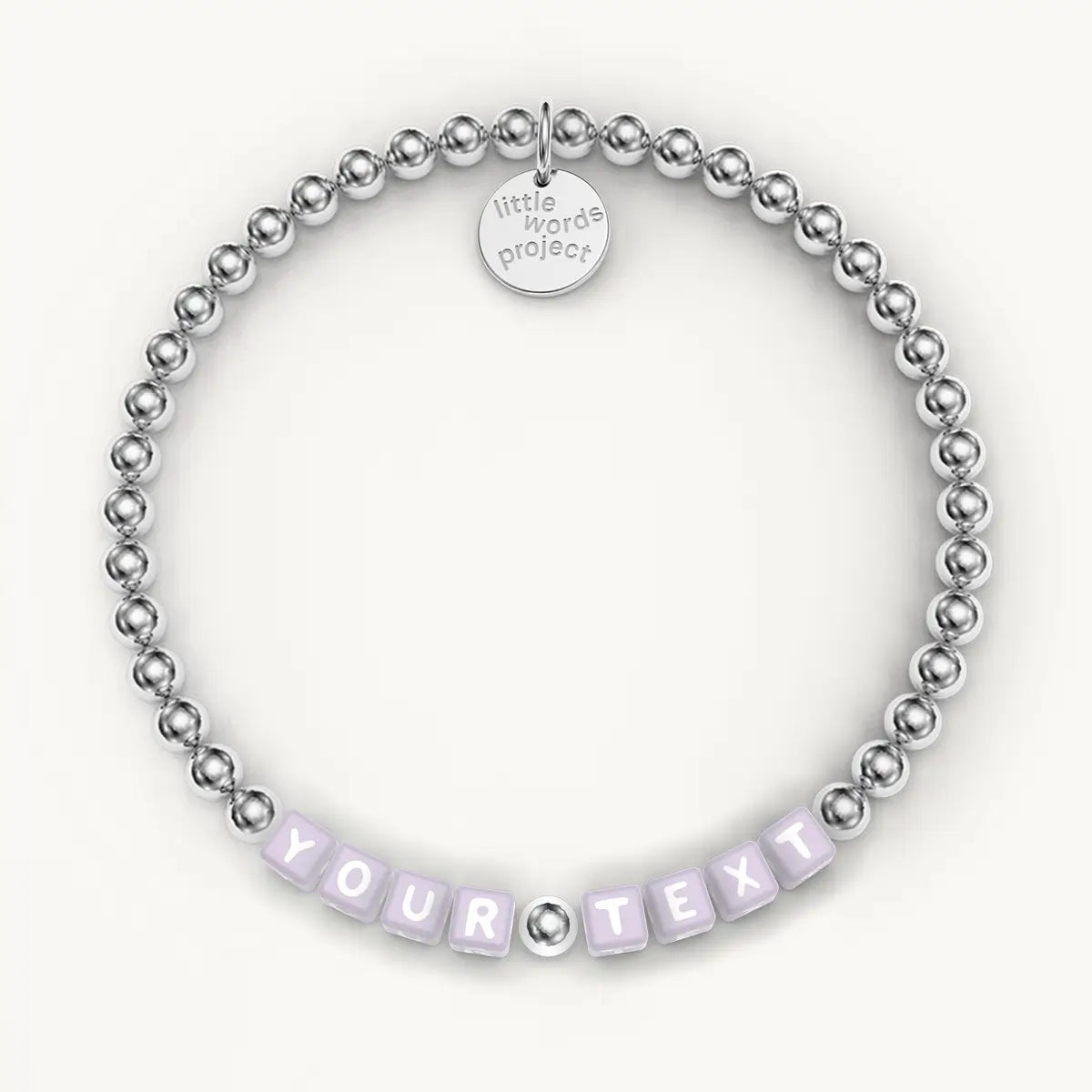 Silver beaded bracelet with 'Your Text' on a white background