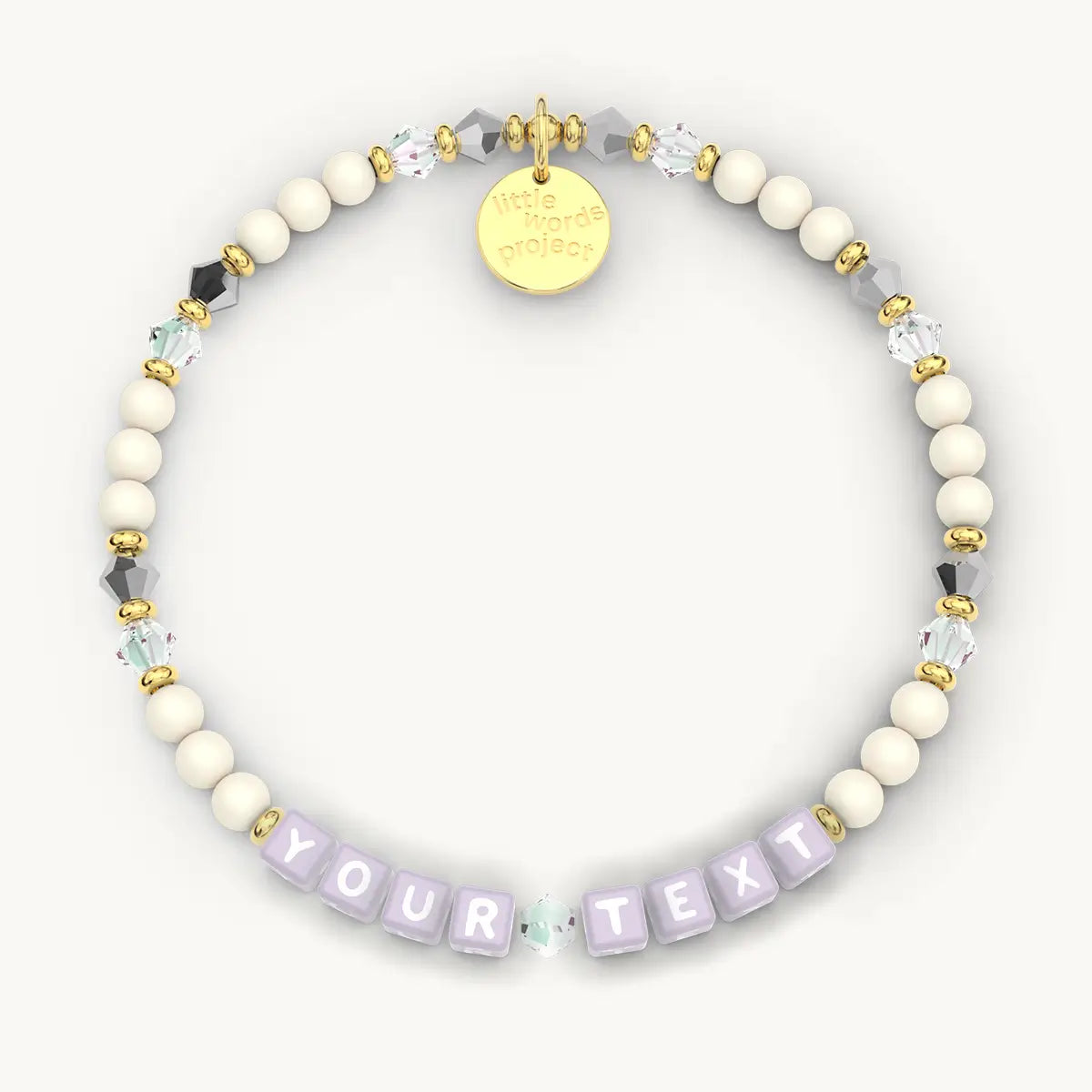 Personalized beaded bracelet with 'YOUR TEXT' on a white background