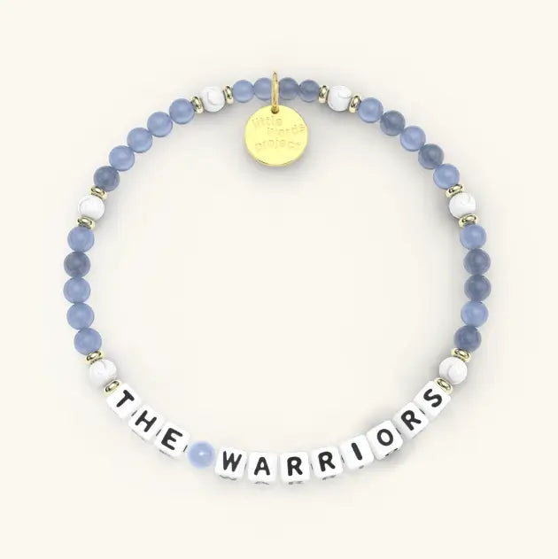 Bracelet with blue beads and 'The Warriors' on a white background