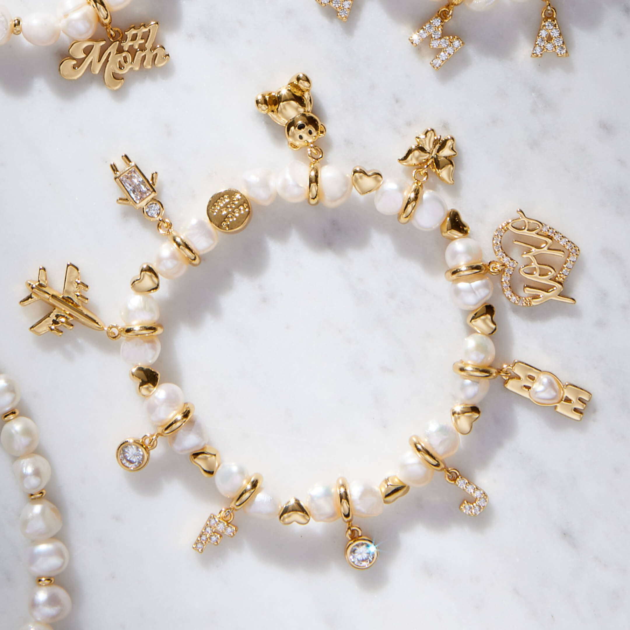 White Hearts by the Pearl Bracelet Base with Charms