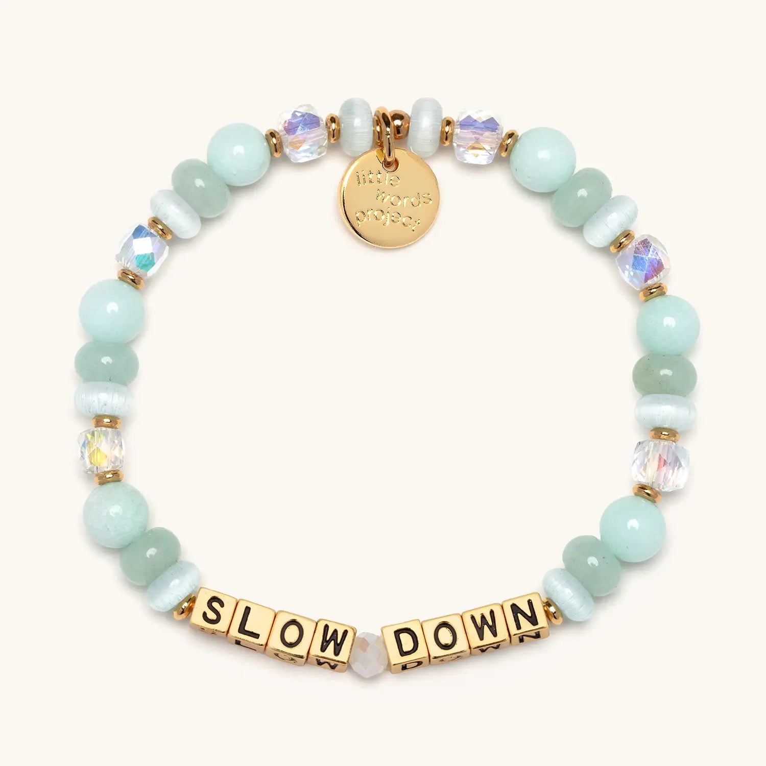 Slow Down beaded bracelet with amazonite stones and gold letter beads
