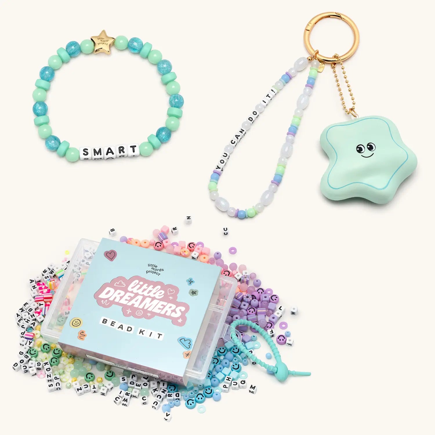 Bead kit with bracelet, bag charm, and bead kit on a white background