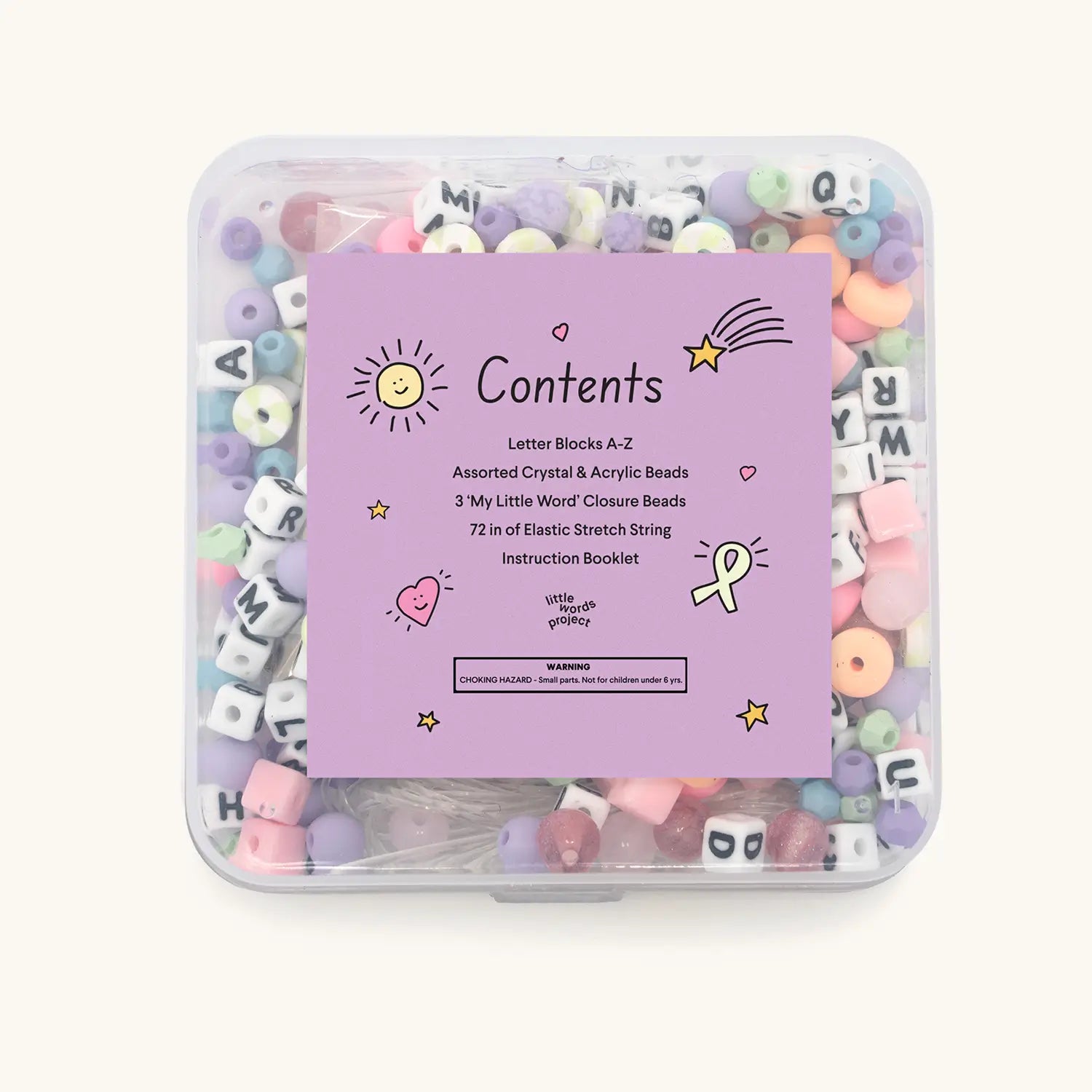 Stay Golden Bead Kit Rylee Ta back view showing contents label listing letter beads, crystal and acrylic beads, elastic string and instruction booklet