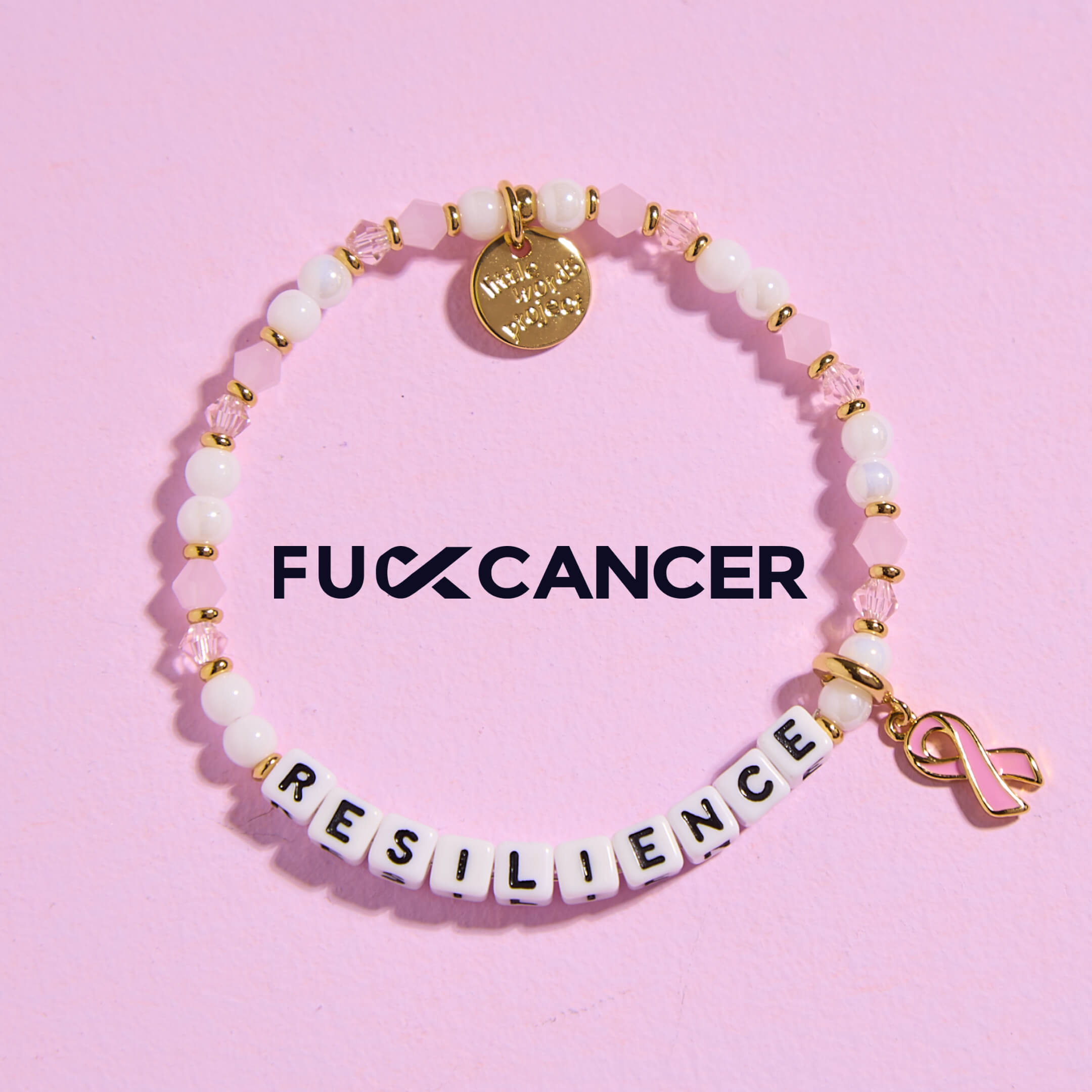 Bracelet with 'RESILIENCE' on a pink background