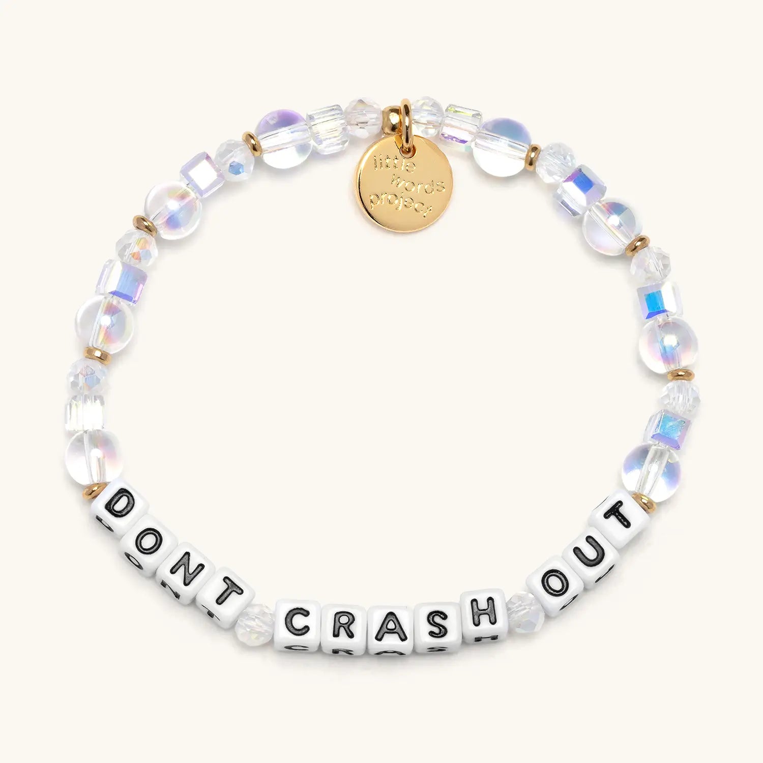 Bracelet with 'DON'T CRASH OUT' beads on a white background