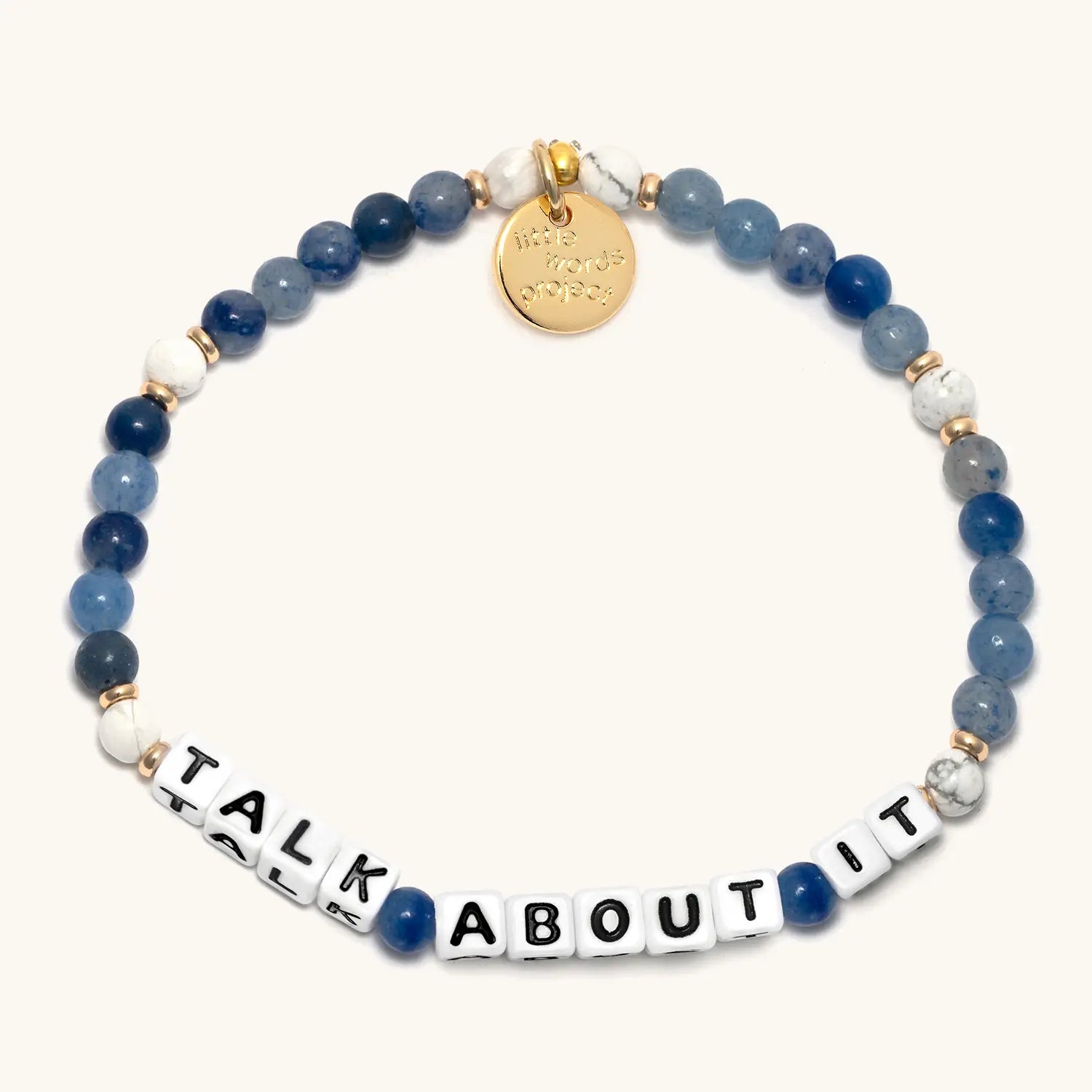 Bracelet with blue beads and 'Talk About It' message on a white background