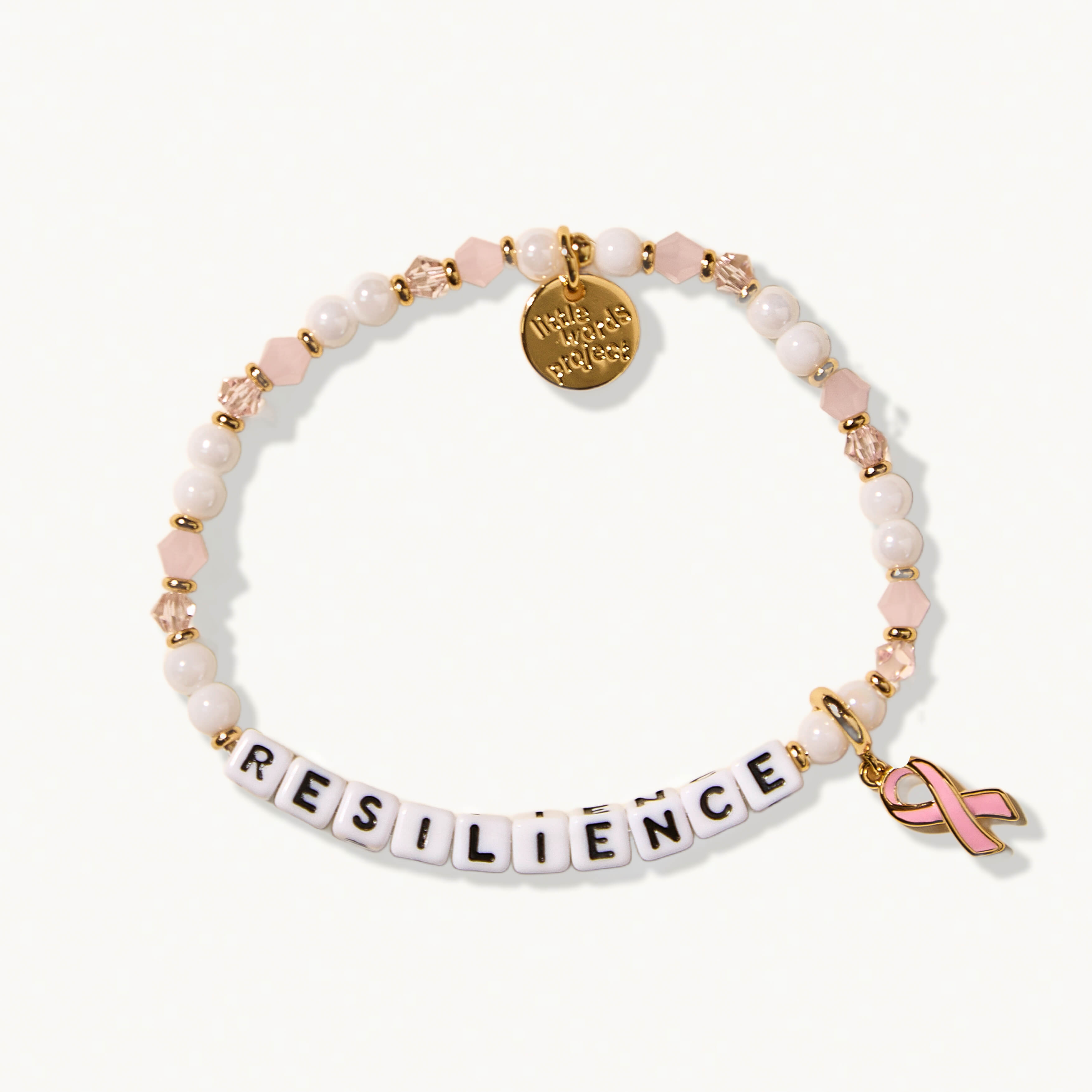 Bracelet with 'RESILIENCE' charm and pink ribbon on a white background