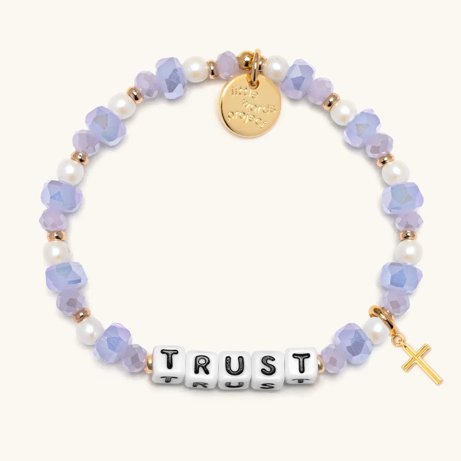 Bracelet with purple beads, gold accents, and a 'Trust' on a white background