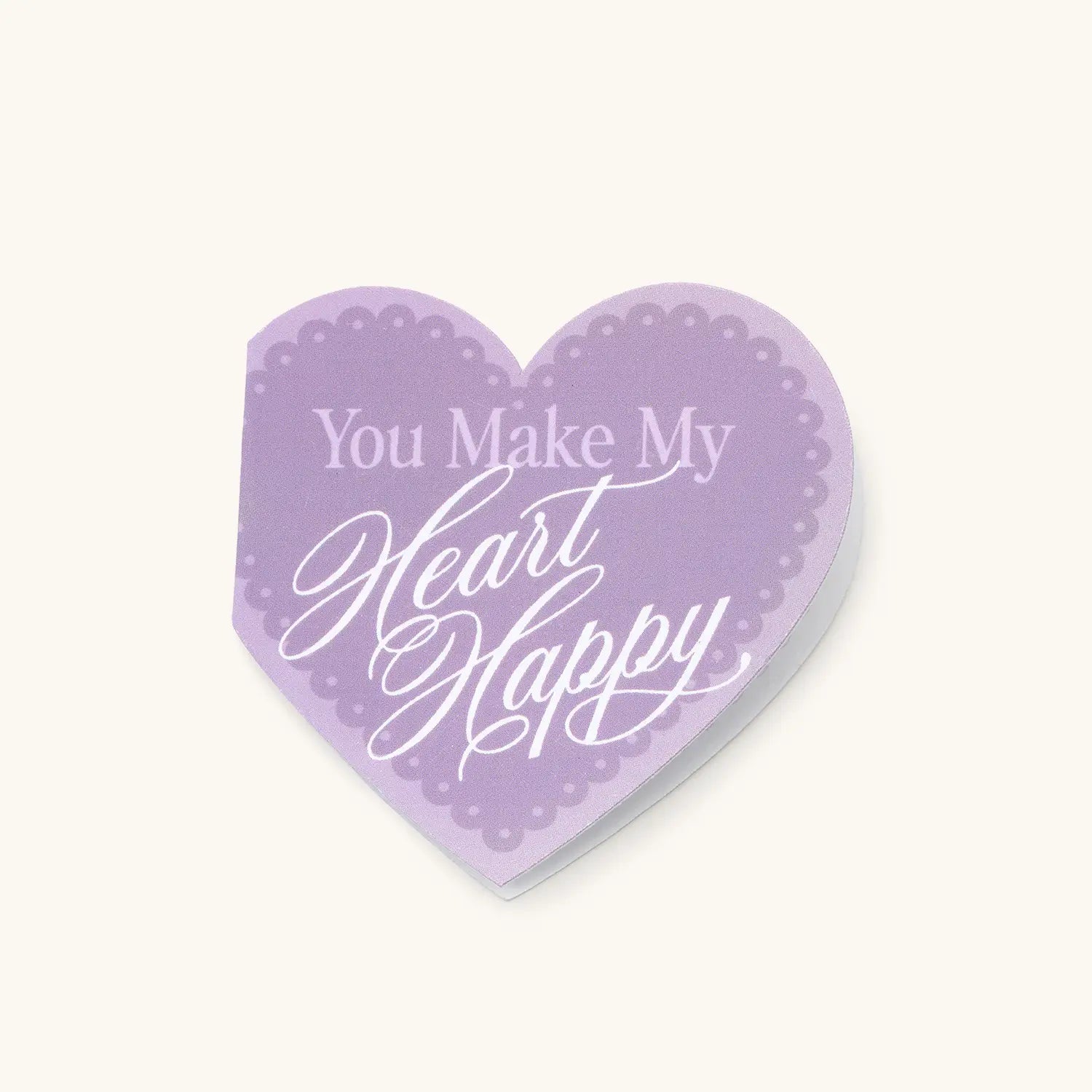 Heart-shaped purple card with 'You Make My Heart Happy' text on a white background