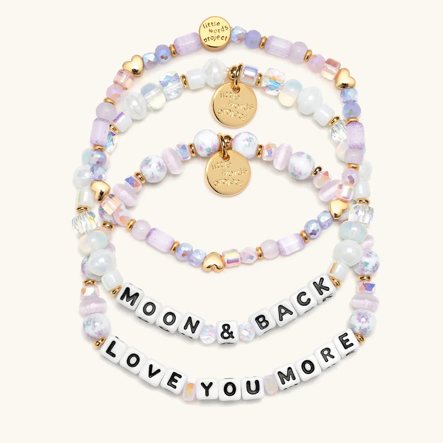 Set of beaded bracelets on a white background