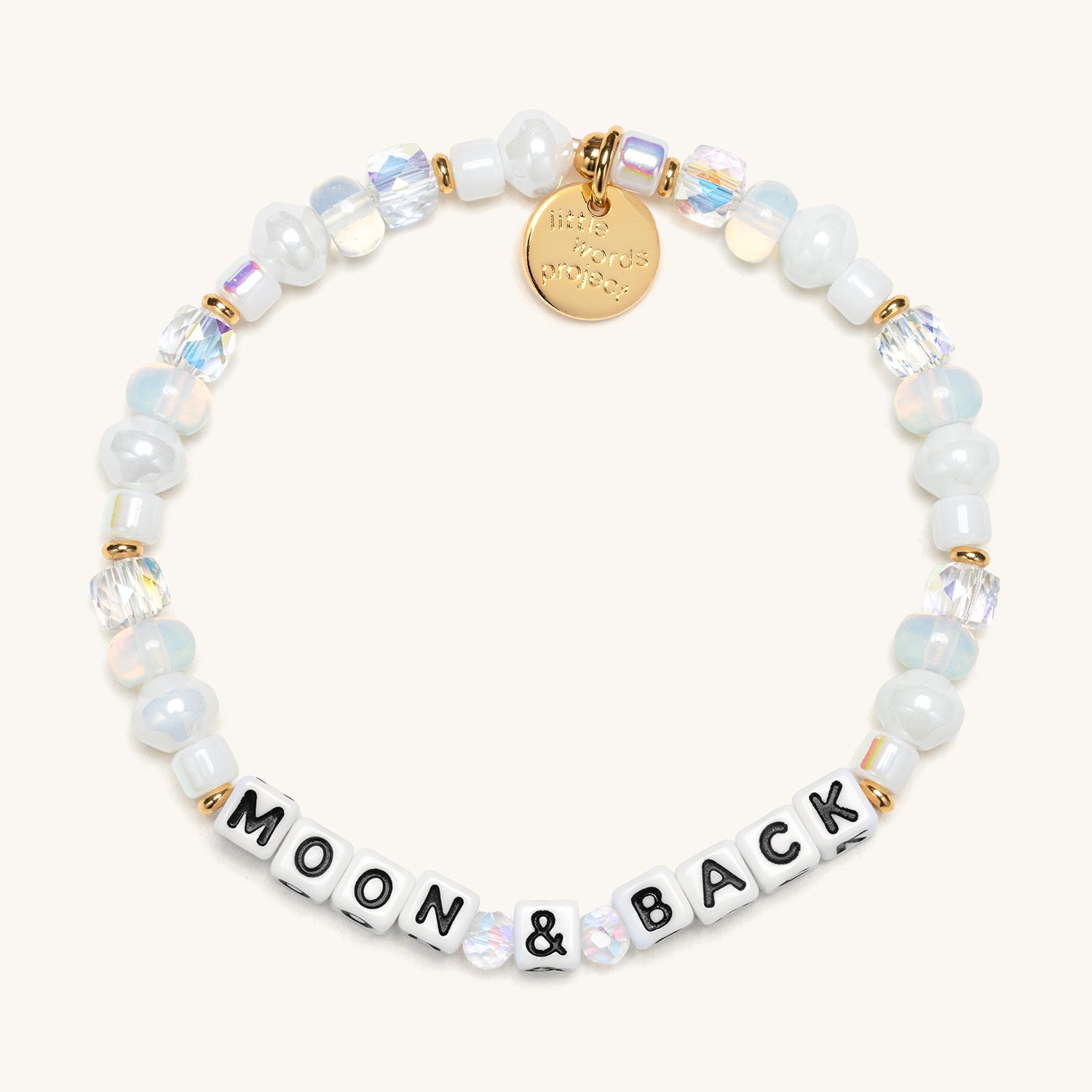 Bracelet with beads and 'MOON & BACK' on a white background