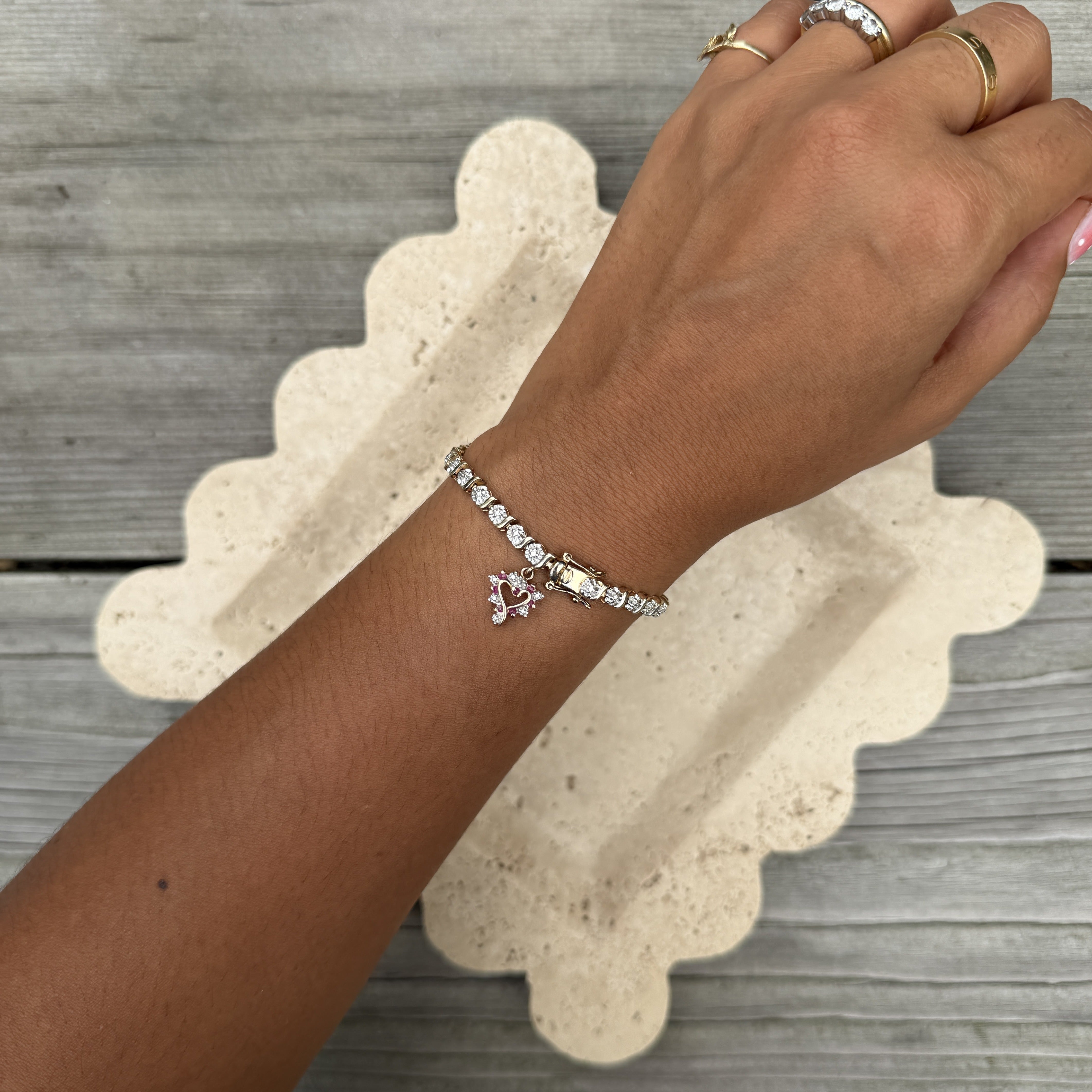 925 Heart Charm Tennis Bracelet