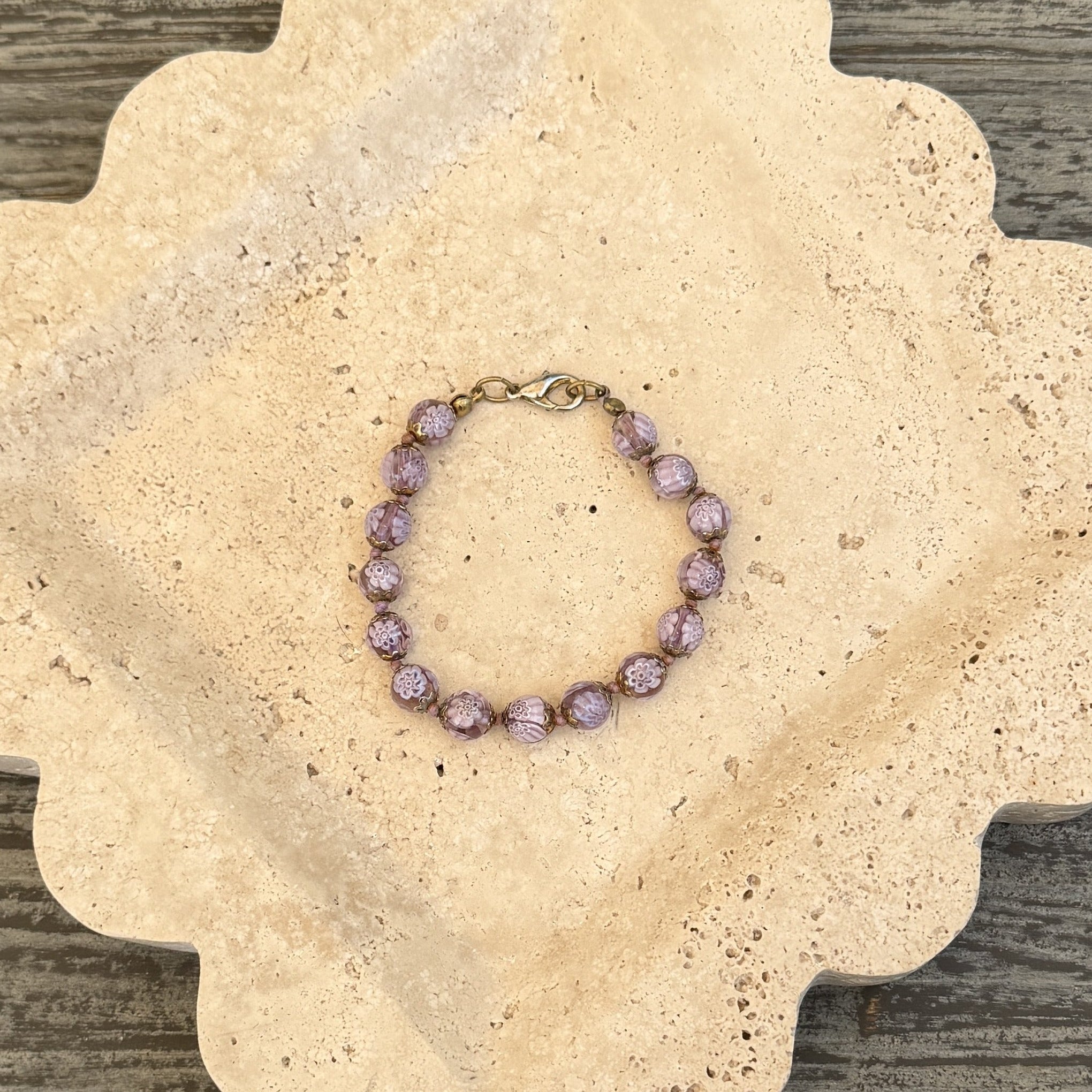 Lavender Bead and Gold Link Bracelet