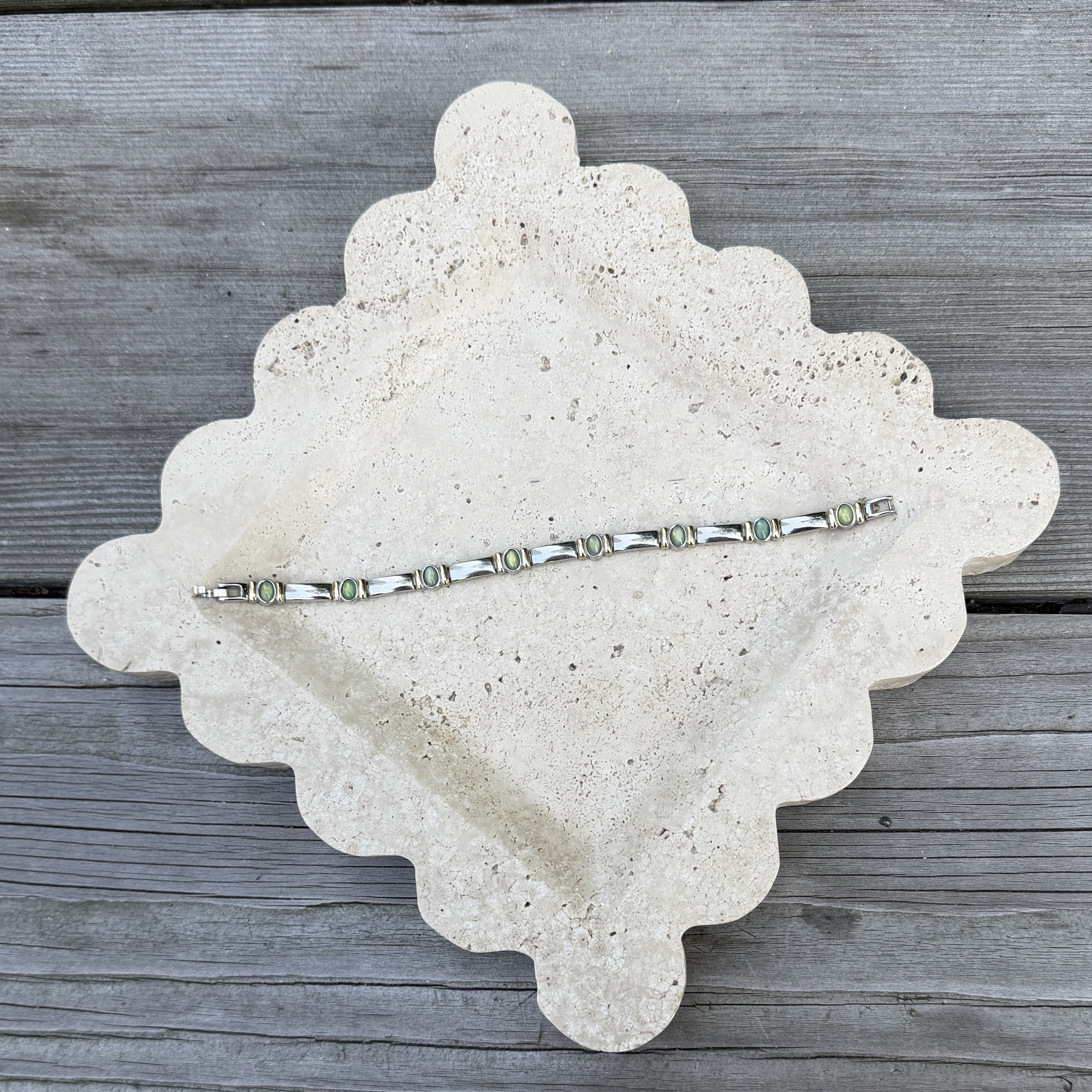 Green Cabochon Silver Rectangle Bracelet