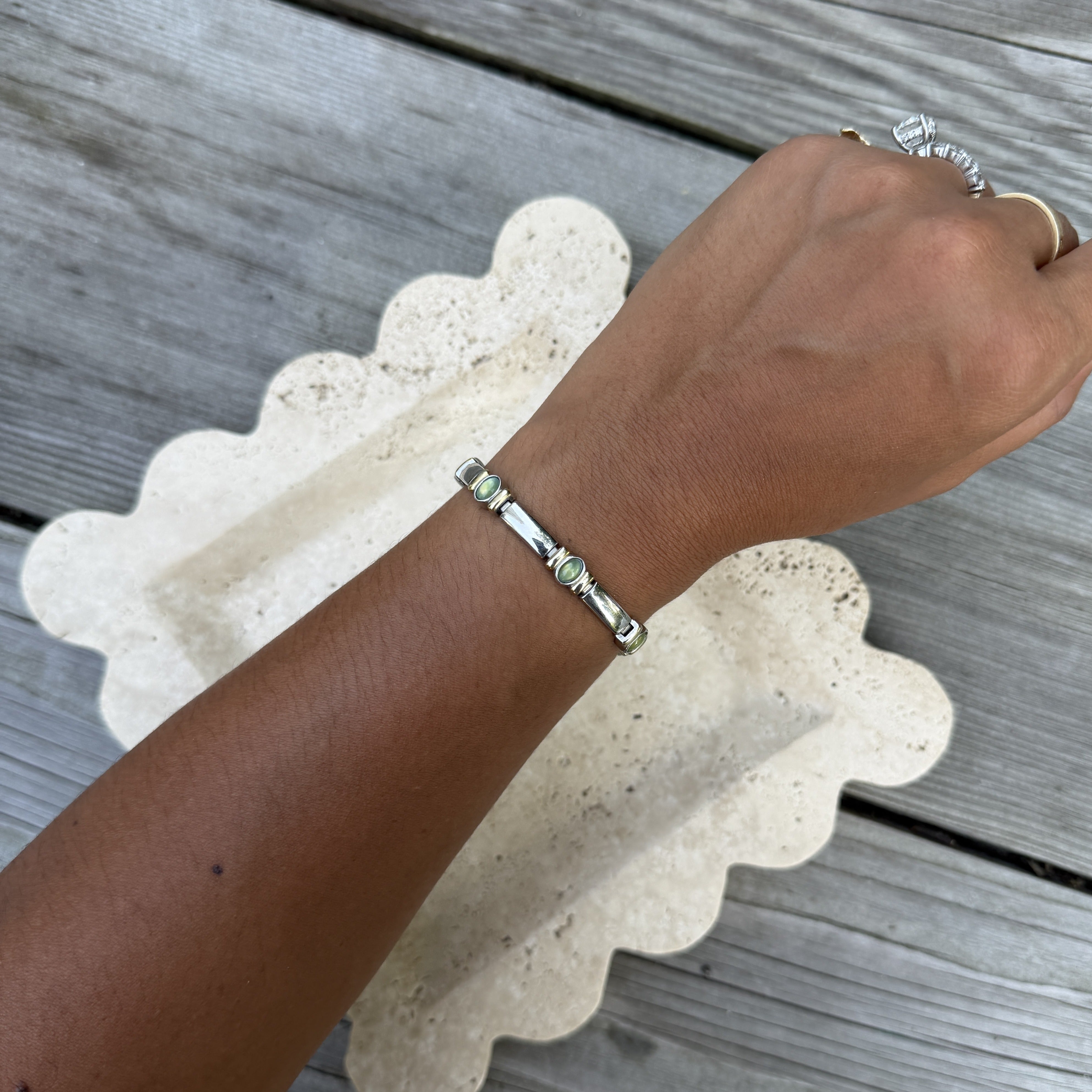 Green Cabochon Silver Rectangle Bracelet