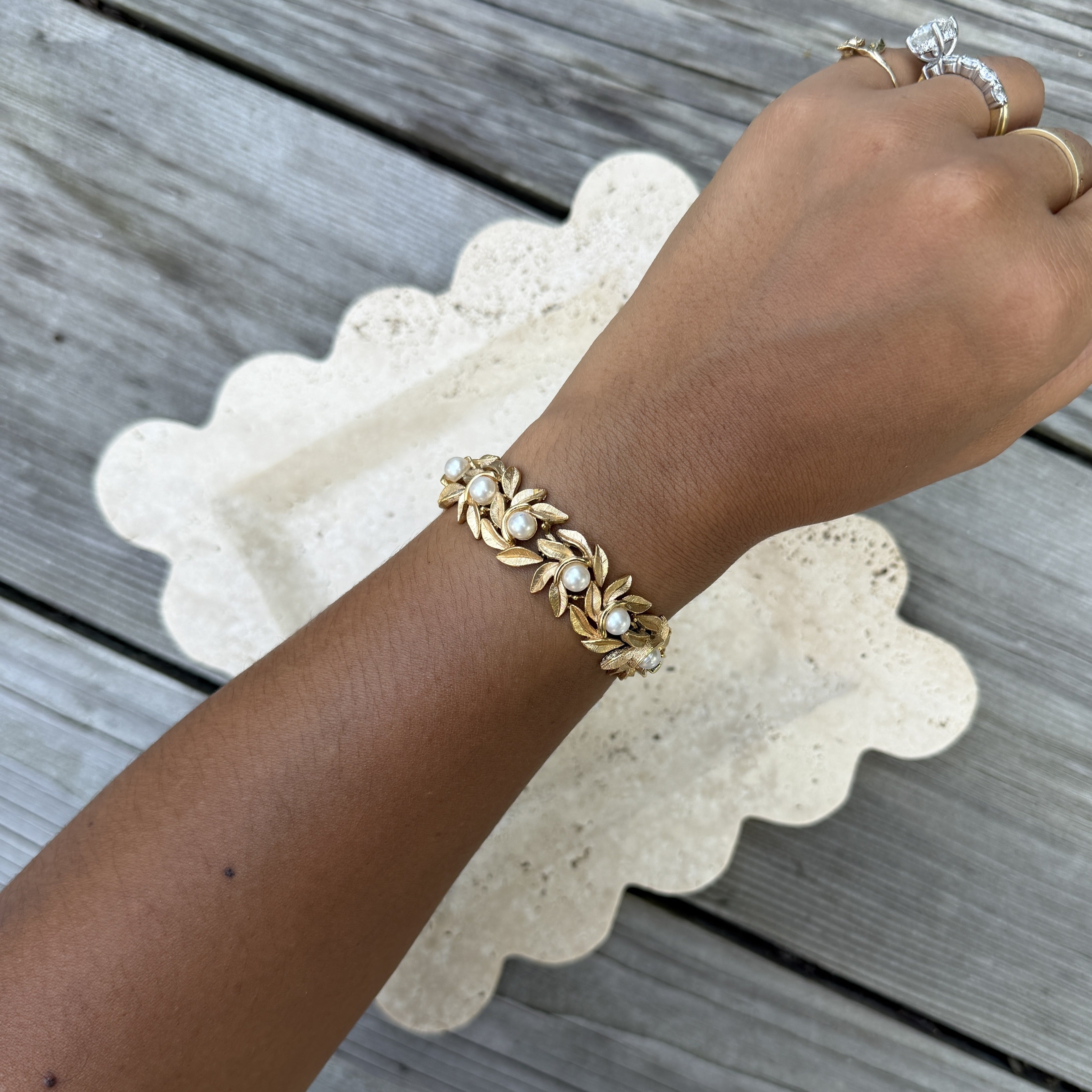 Gold Leaf Link Bracelet with Pearls