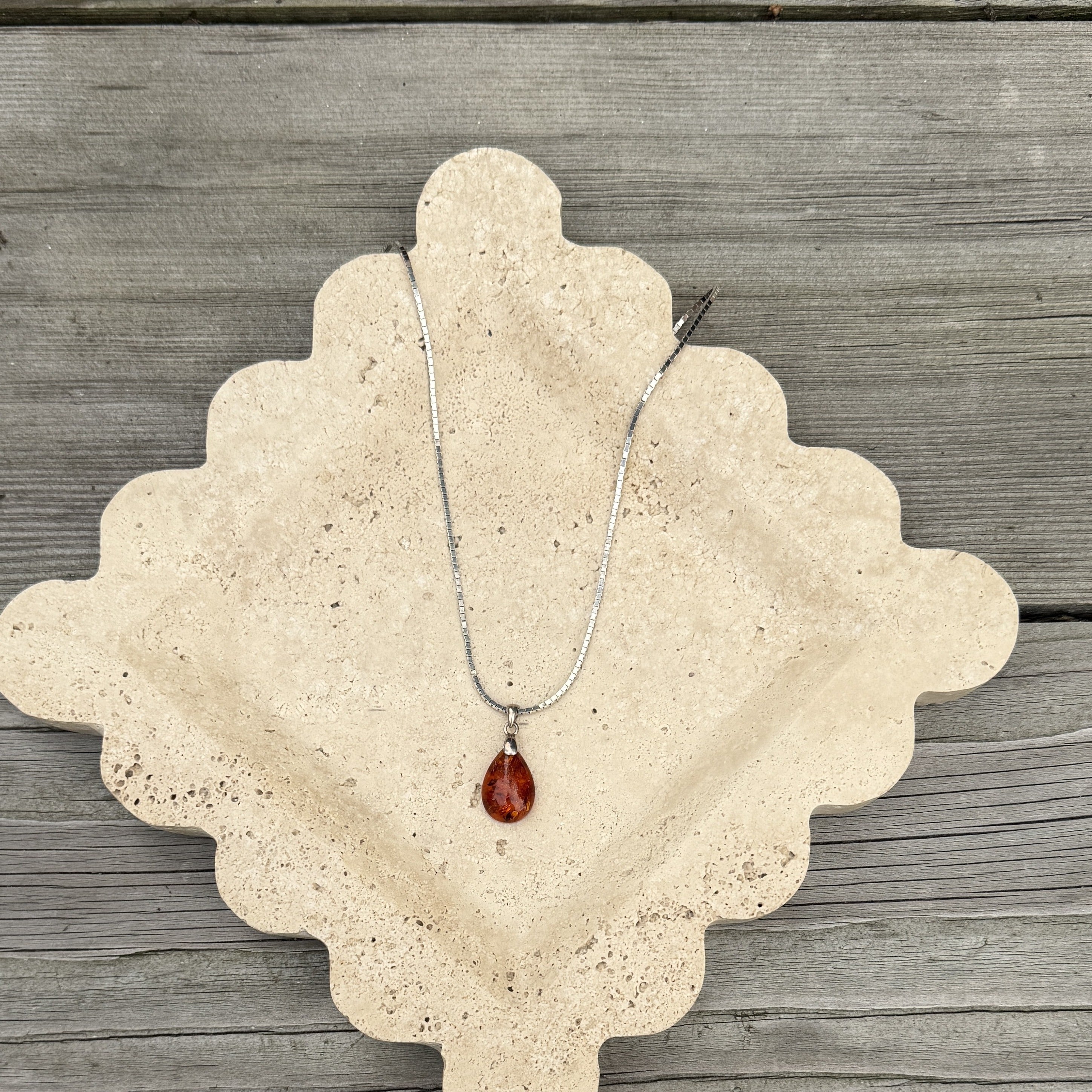 Amber Teardrop Sterling Silver Charm Necklace