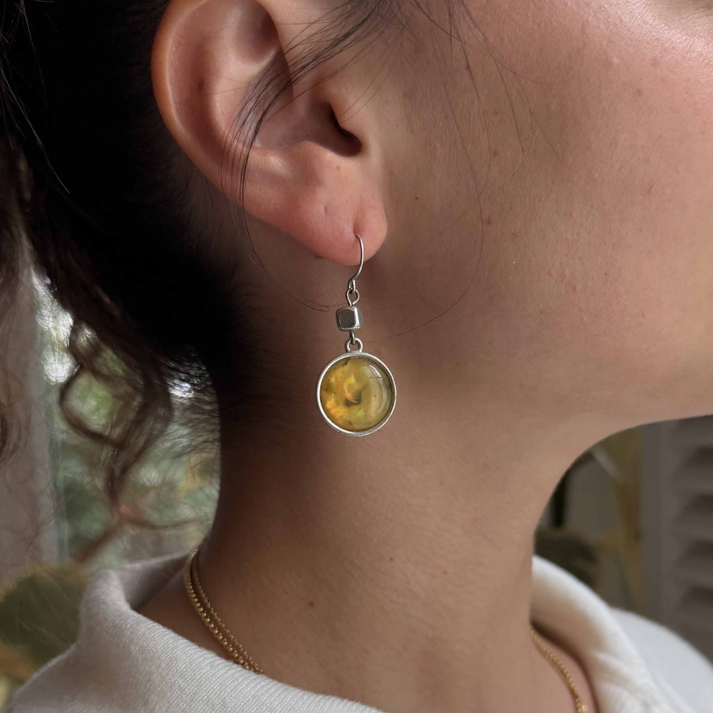 Amber Glass Dome Silver Drop Earrings