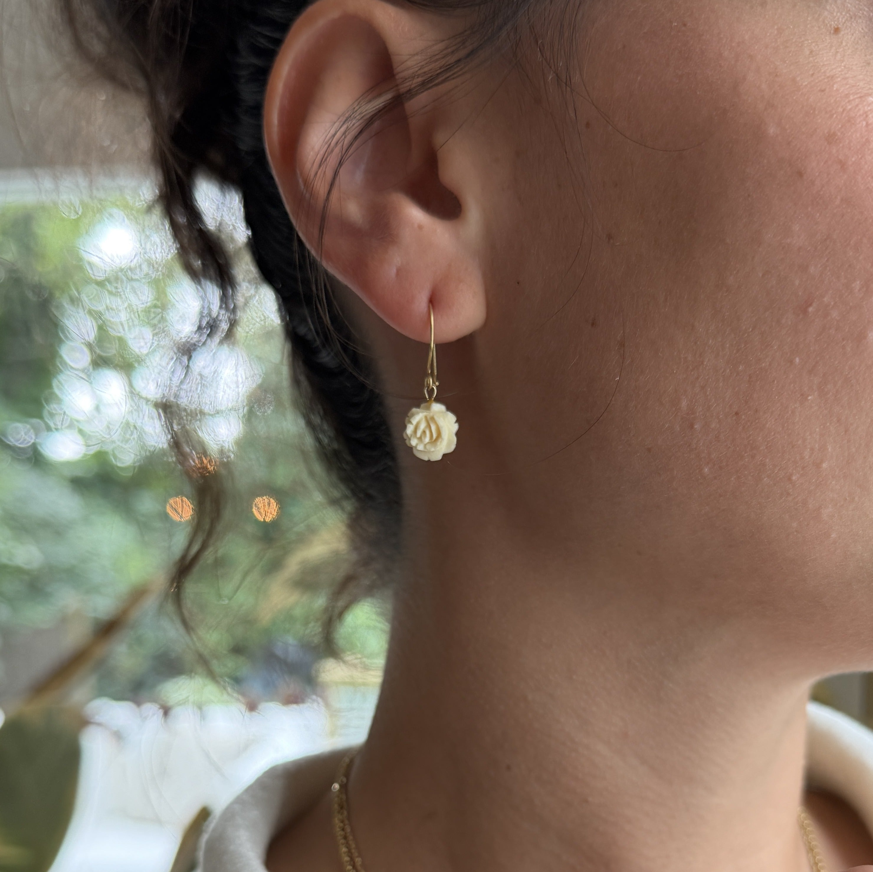 Carved White Rose Drop Earrings