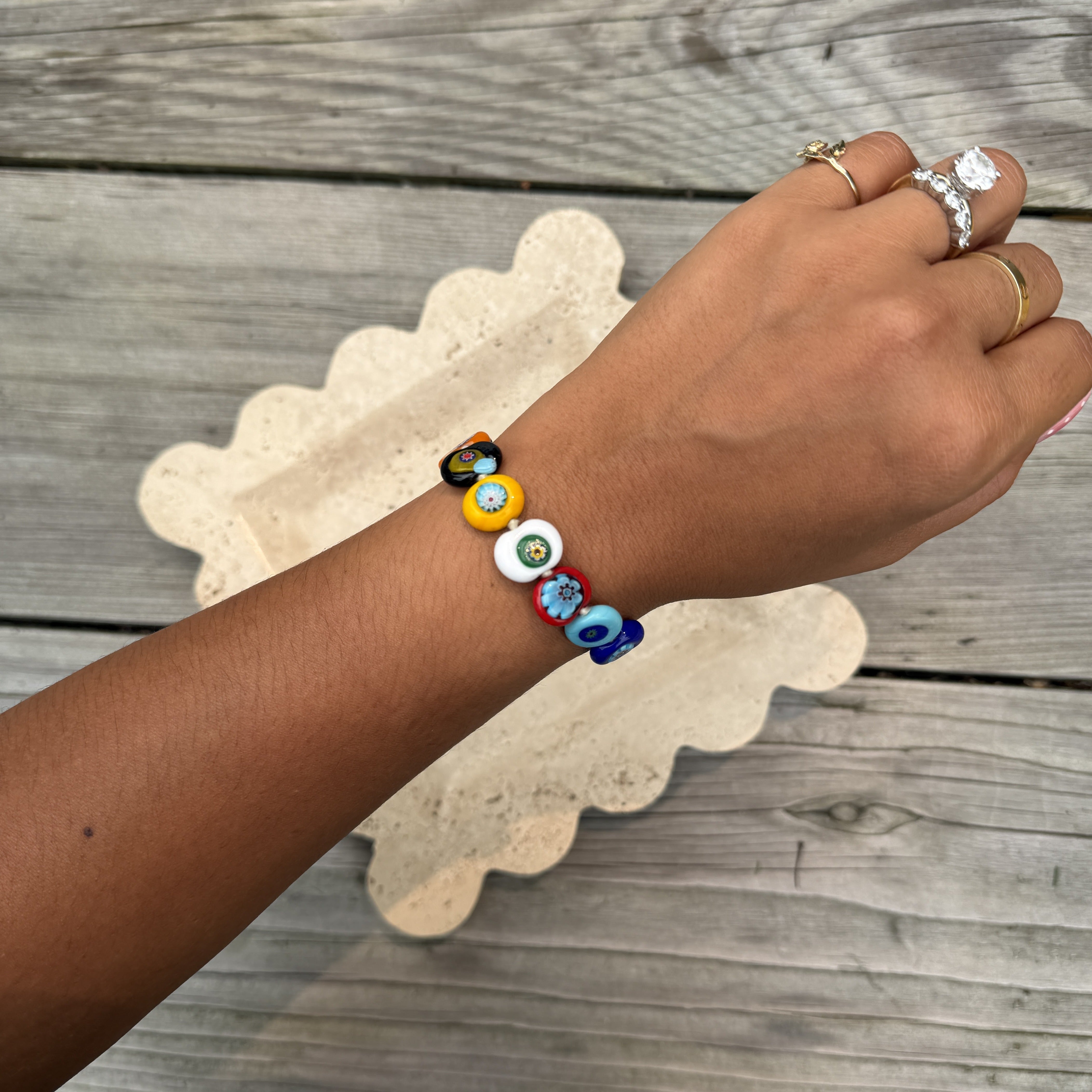 Flat Oval Multicolor Glass Bead Bracelet