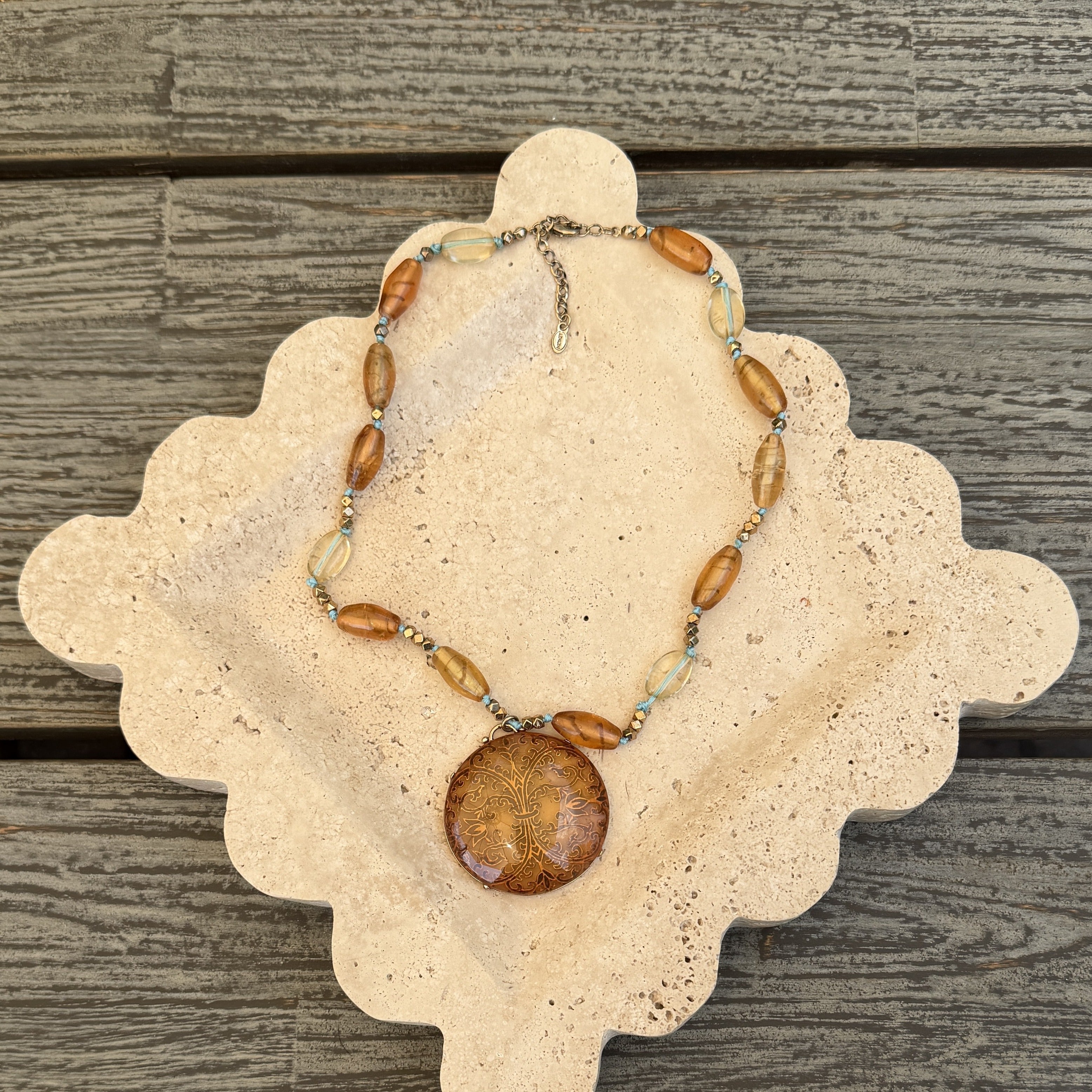 Crescent Monet Amber & Teal Glass Bead Necklace