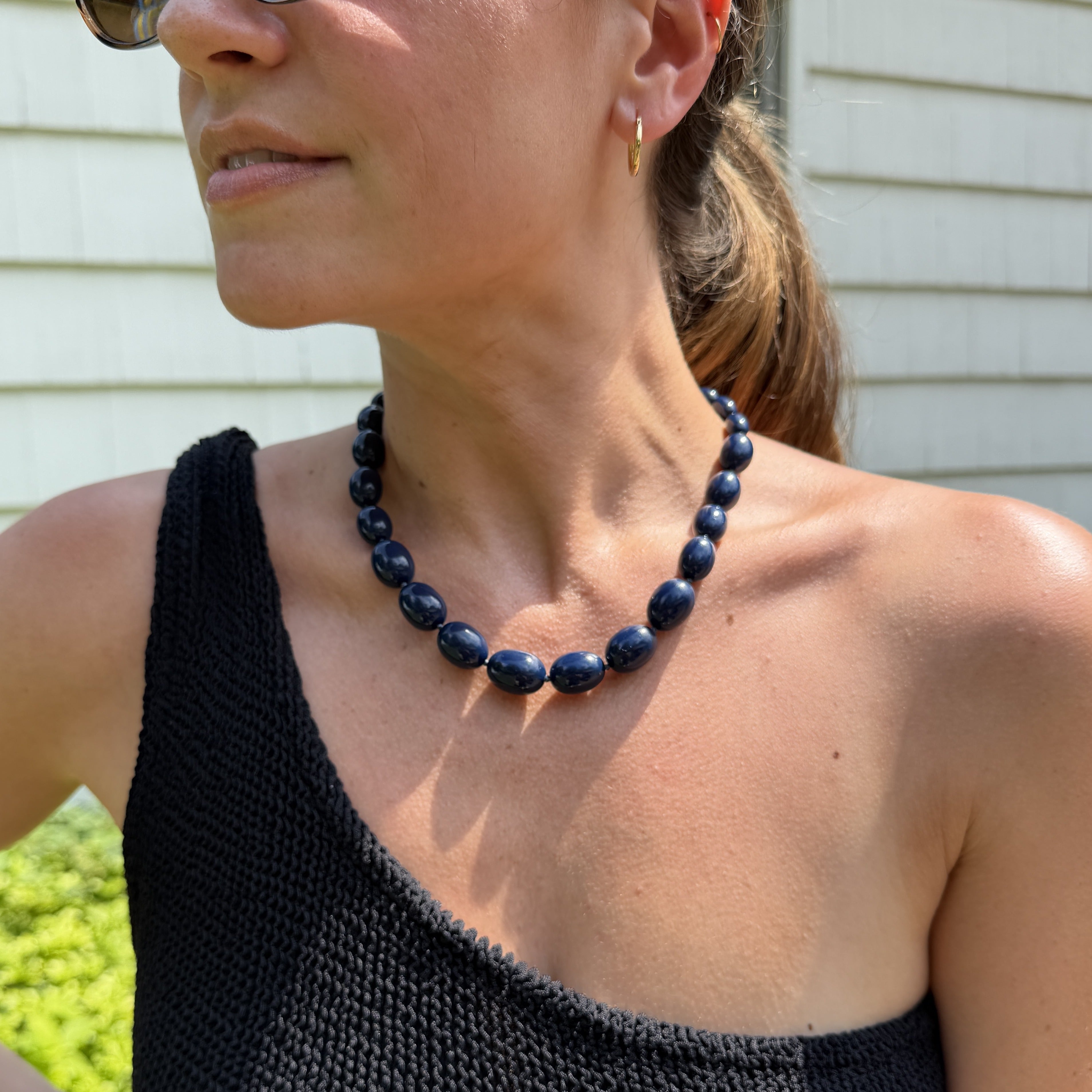 Trifari Crescent Navy Blue Bead Necklaces