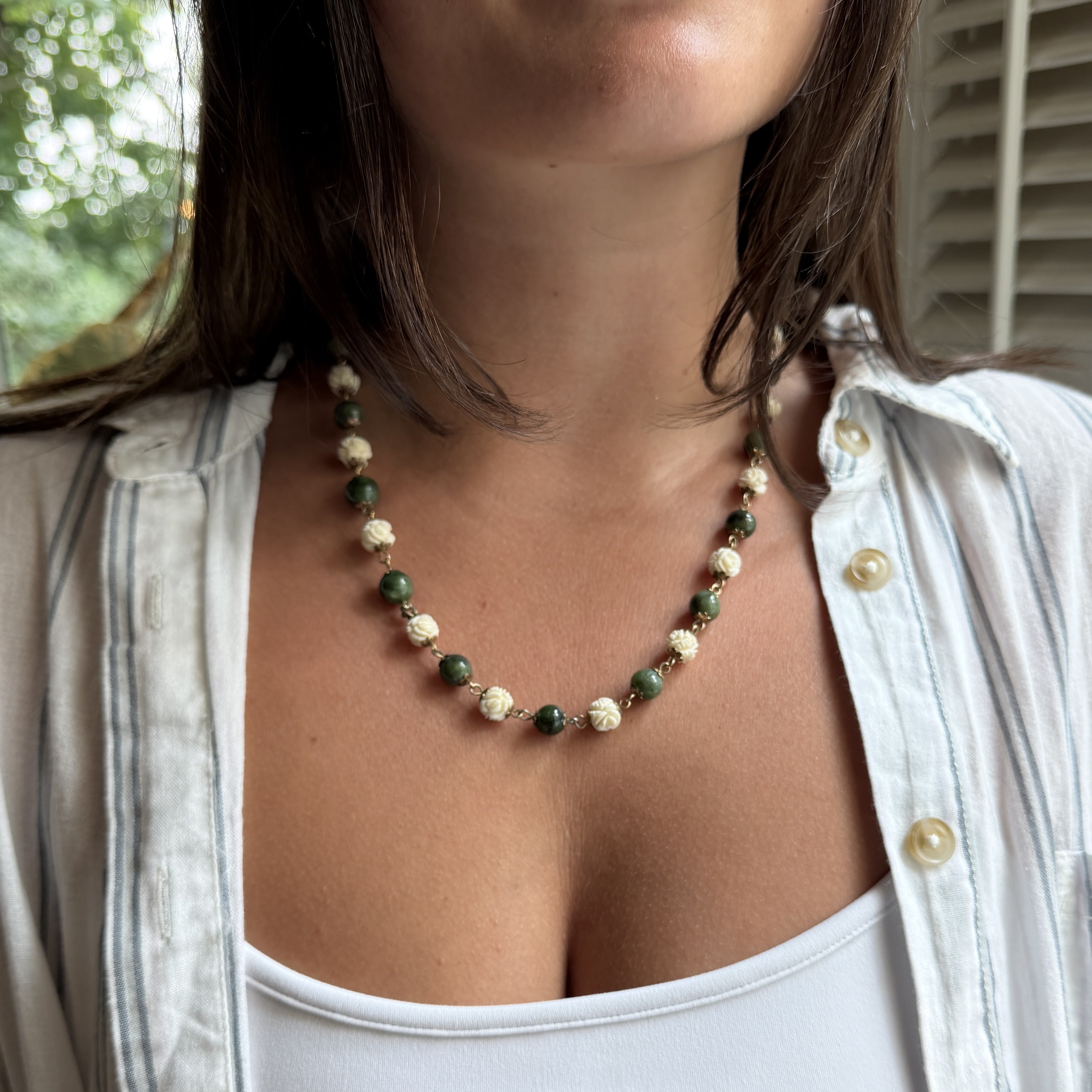 Jade Bead and Carved Bone Necklace