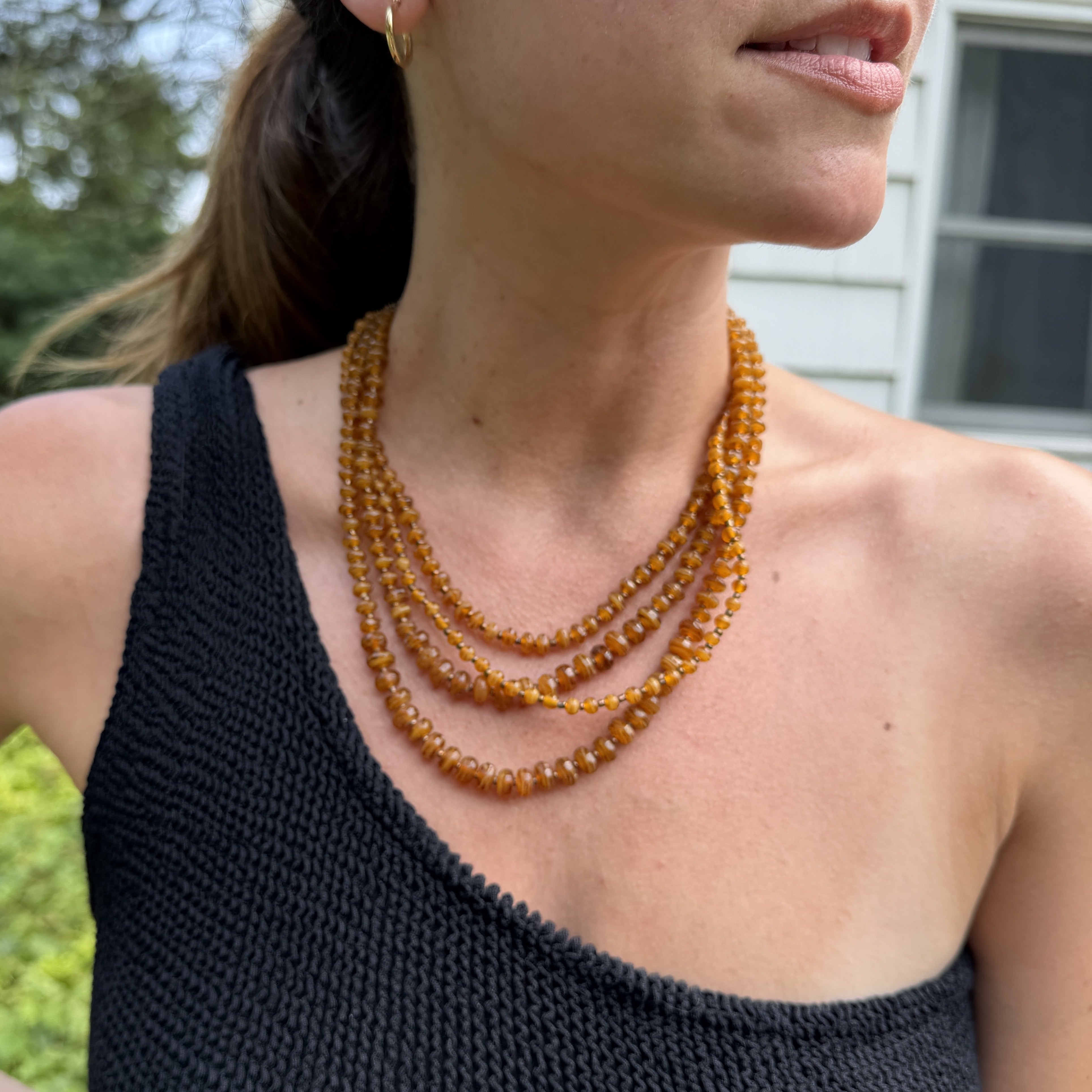 Amber-Tone Glass and Bronze Multi-Strand Necklace