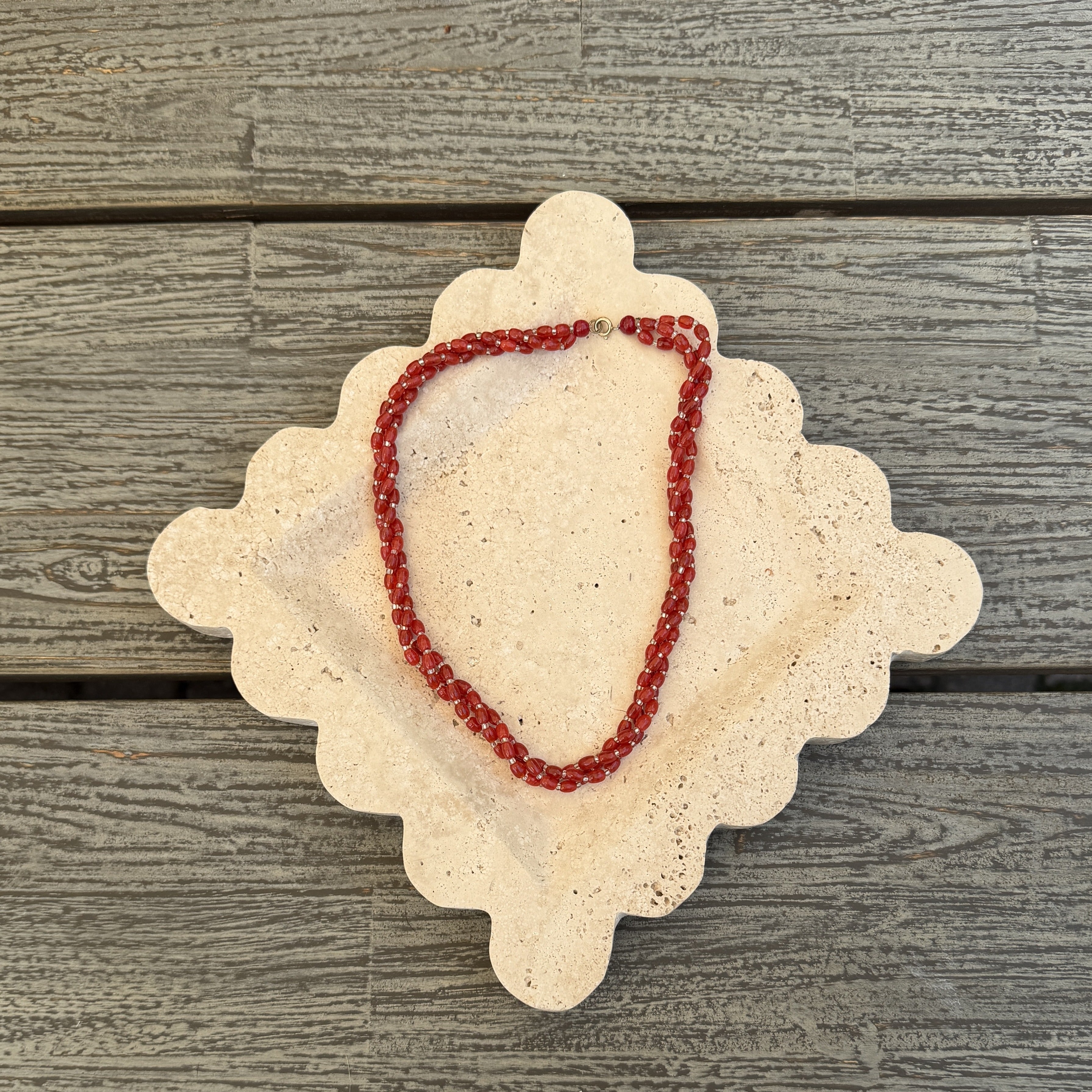 Triple Strand Red Rice Bead Necklace