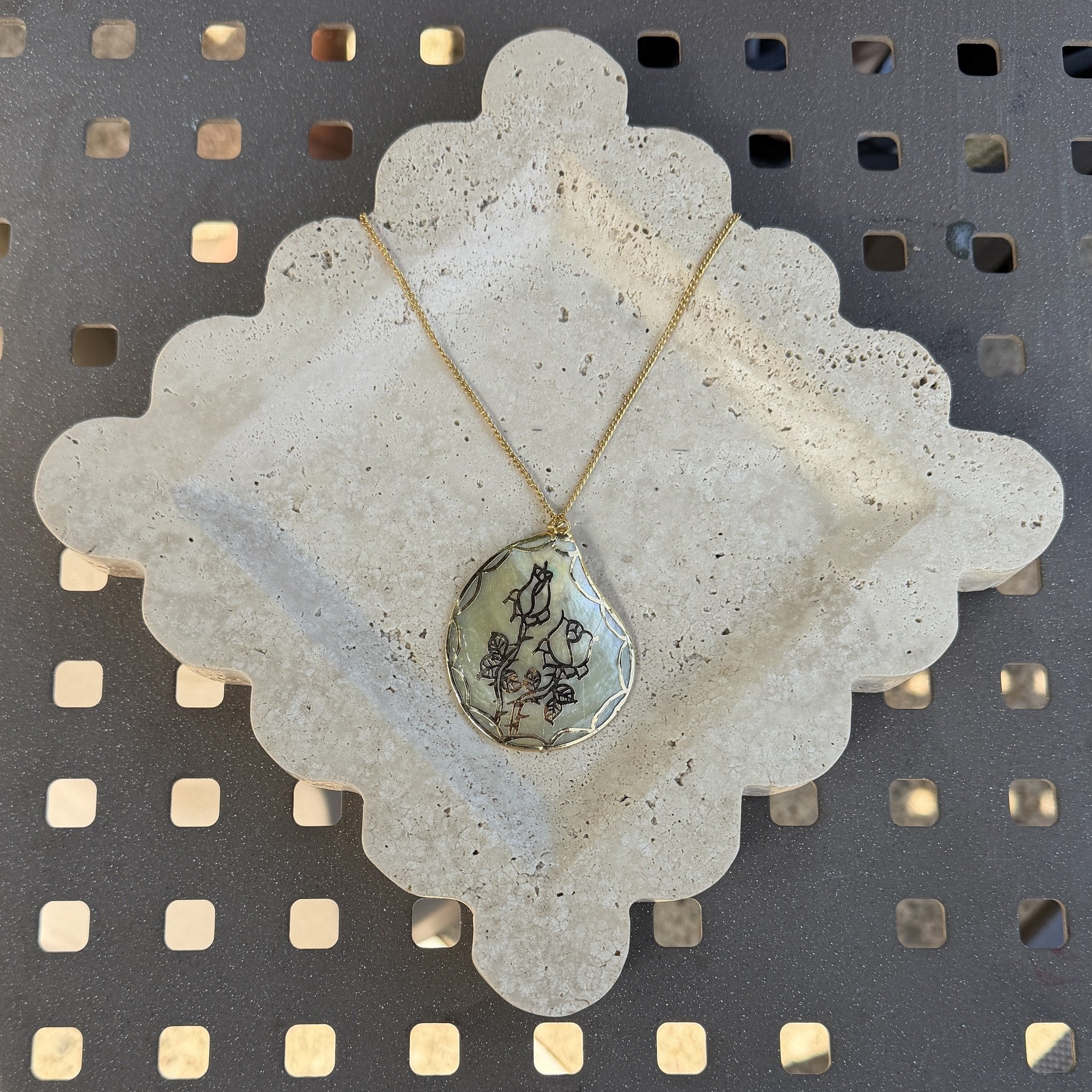 Engraved Rose MOP Medallion Pendant Necklace