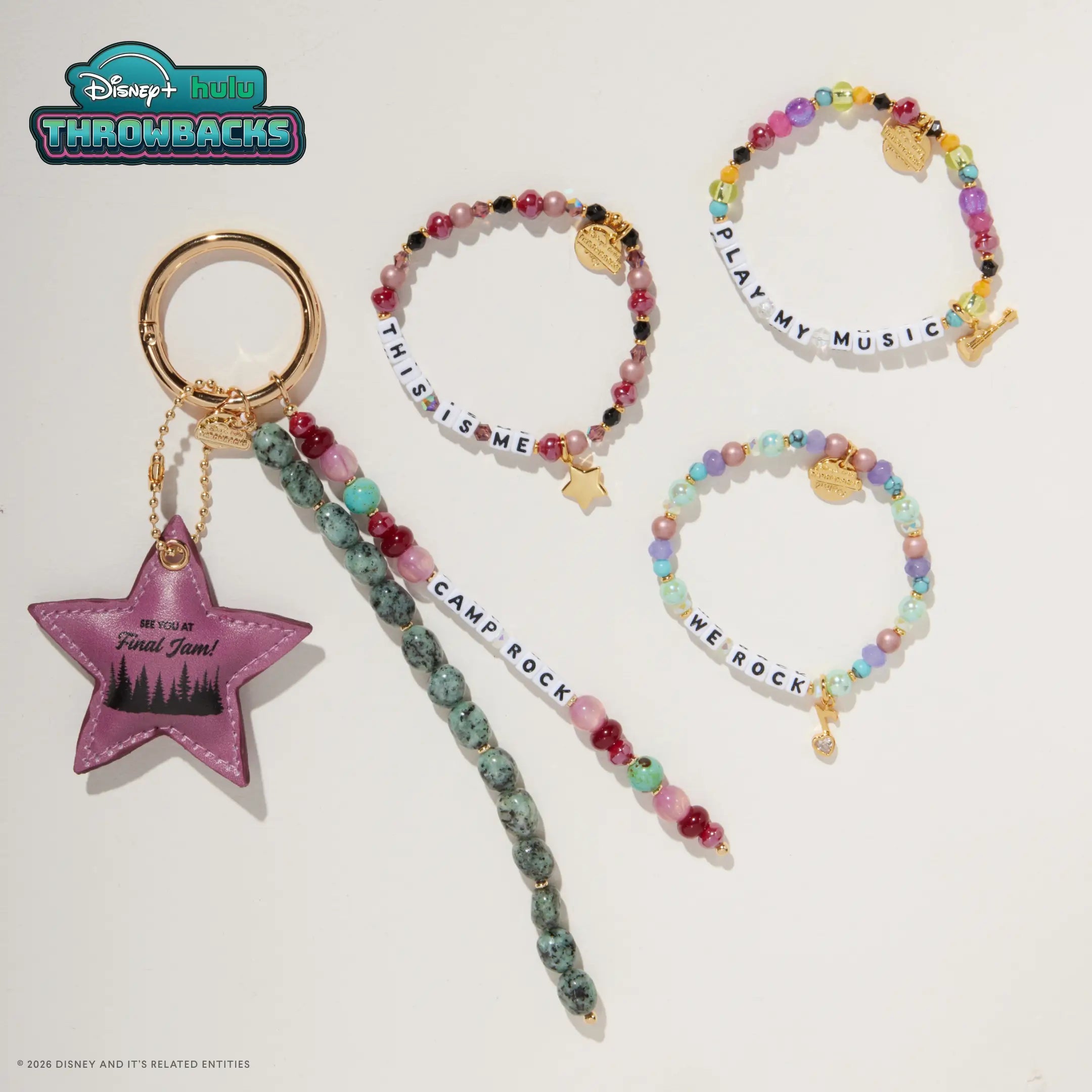 Camp Rock Set from Disney+ Hulu Throwbacks with all four pieces styled on a soft gray backdrop