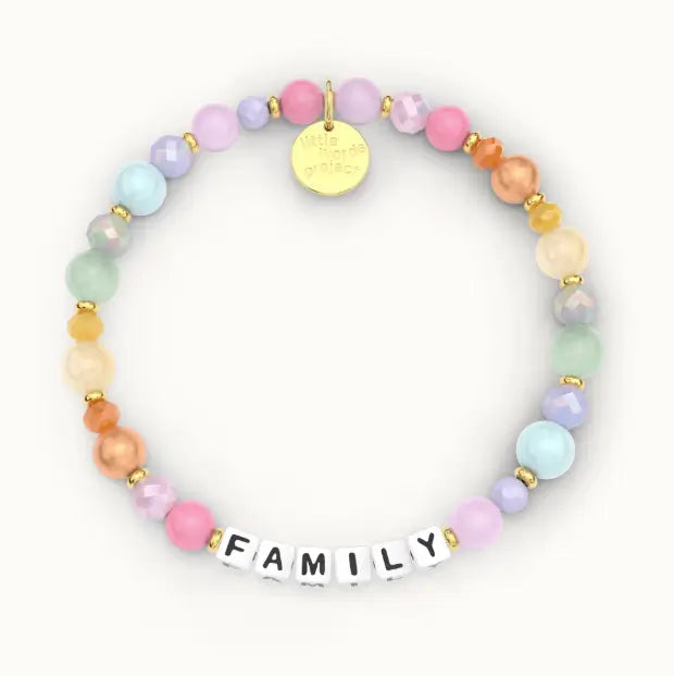 Giveback Family bracelet with pastel rainbow mixed crystal and stone beads, gold hardware, flat-lay product shot