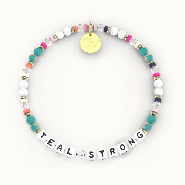 Giveback Teal Strong bracelet with multicolor teal, pink, orange, and crystal beads, gold hardware, flat-lay product shot