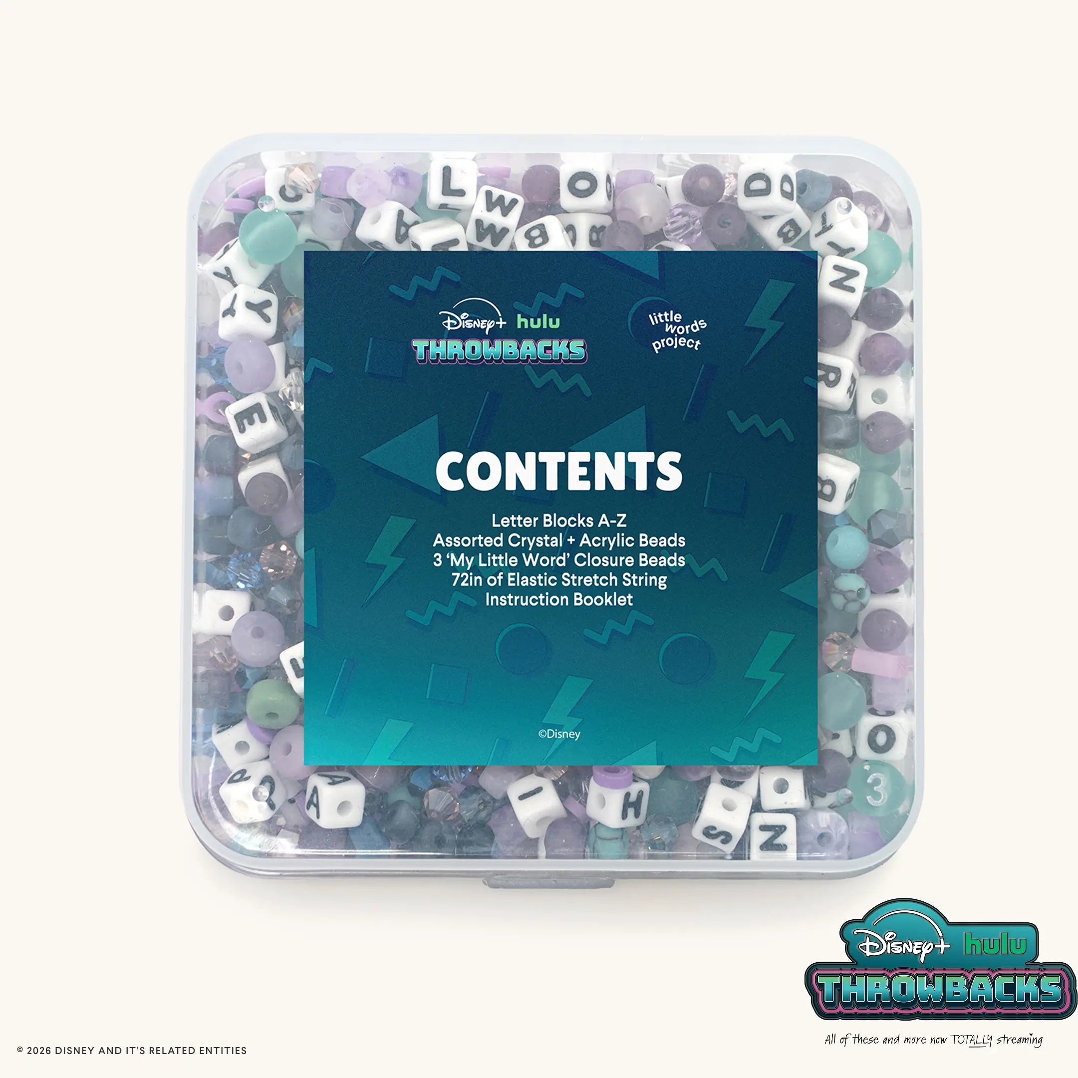 Y2K Bead Kit from Disney+ Hulu Throwbacks showing the contents panel listing letter blocks, crystal and acrylic beads, closure beads, and stretch string